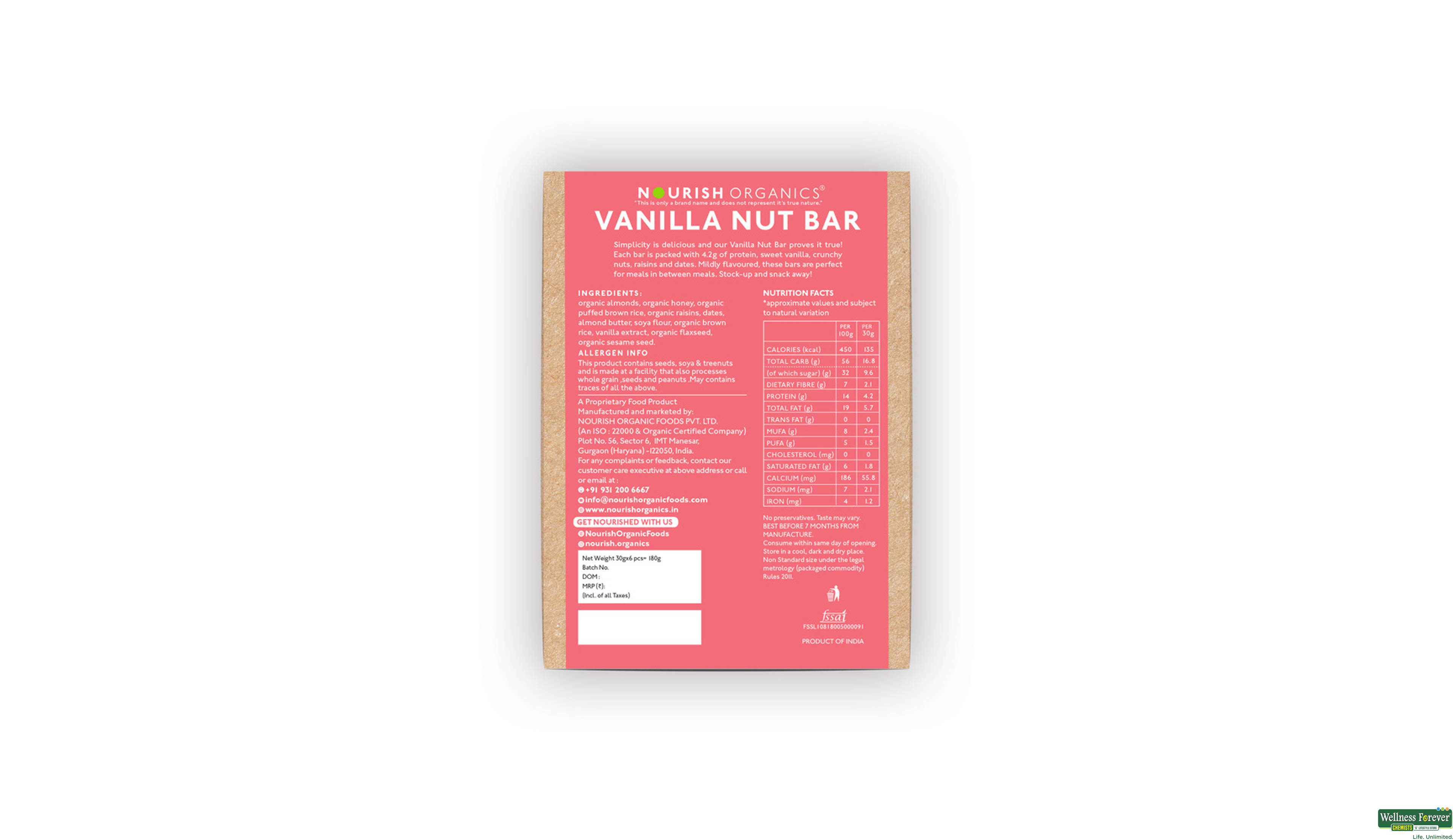 NOURISH ORGANIC BAR VANILLA NUT 6X30GM- 4, 30GM, 