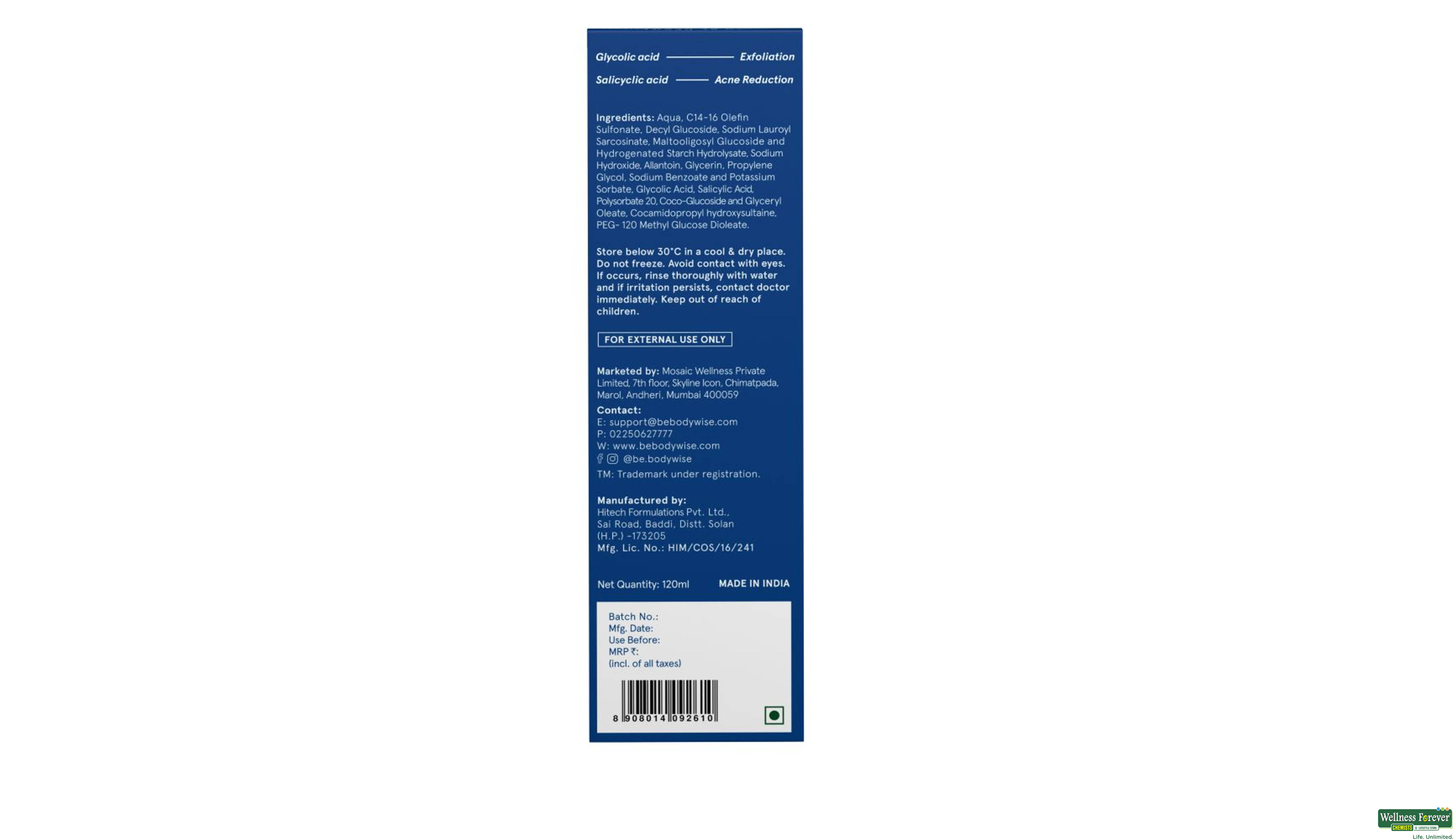 BE BODYWISE 1%SALICYLIC ACID F/WASH CONTROL 120ML- 9, 120ML, 