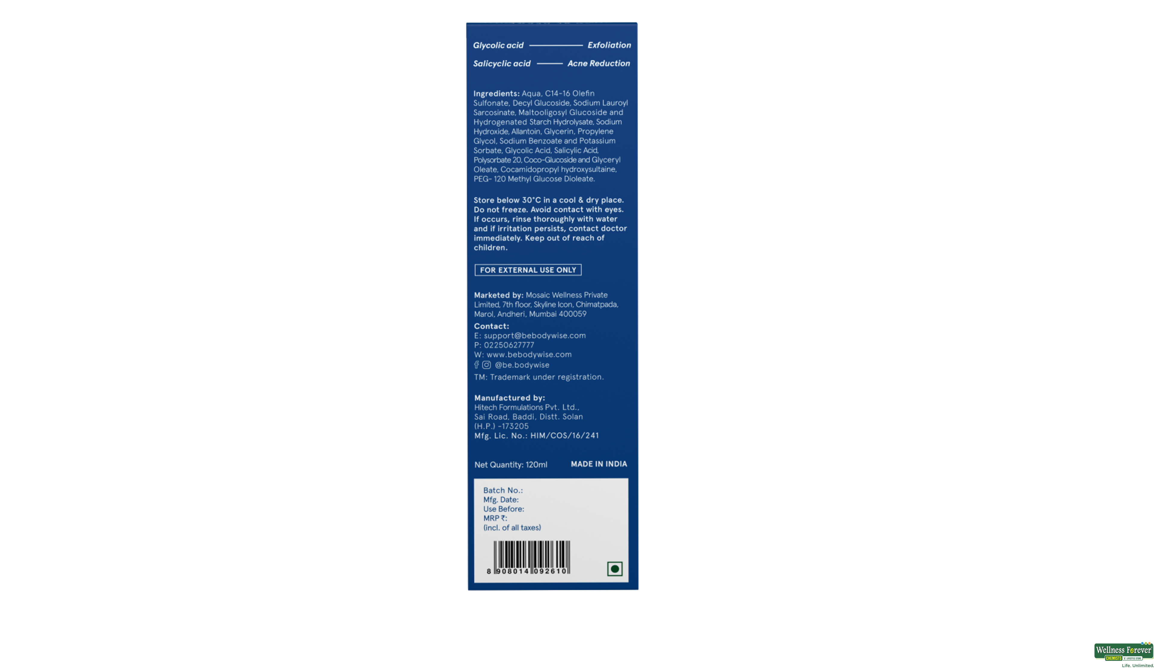 BE BODYWISE 1%SALICYLIC ACID F/WASH CONTROL 120ML- 10, 120ML, 