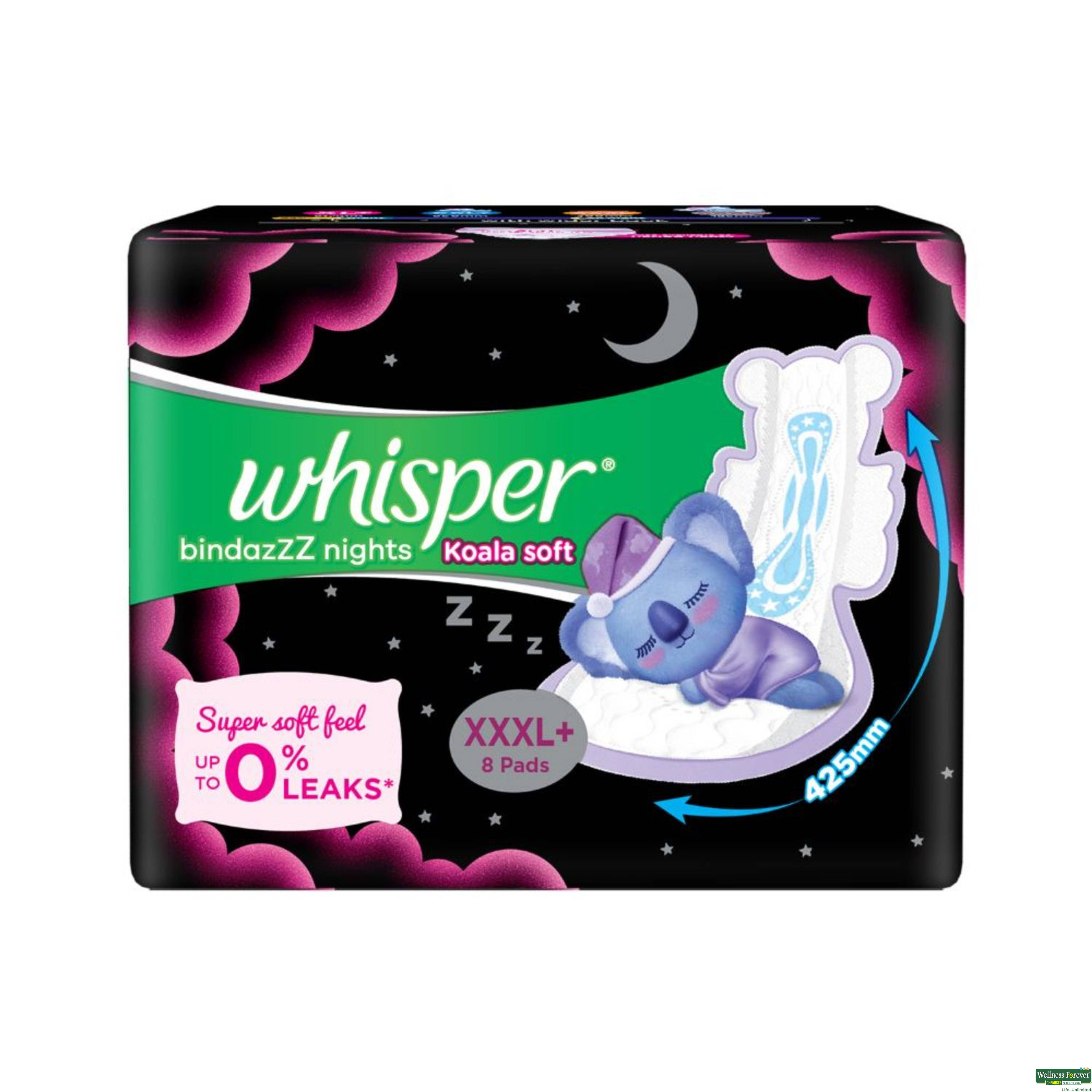 Whisper Bindazz Nights Koala Soft Sanitary Pads, XXXL+ 8Pads-image