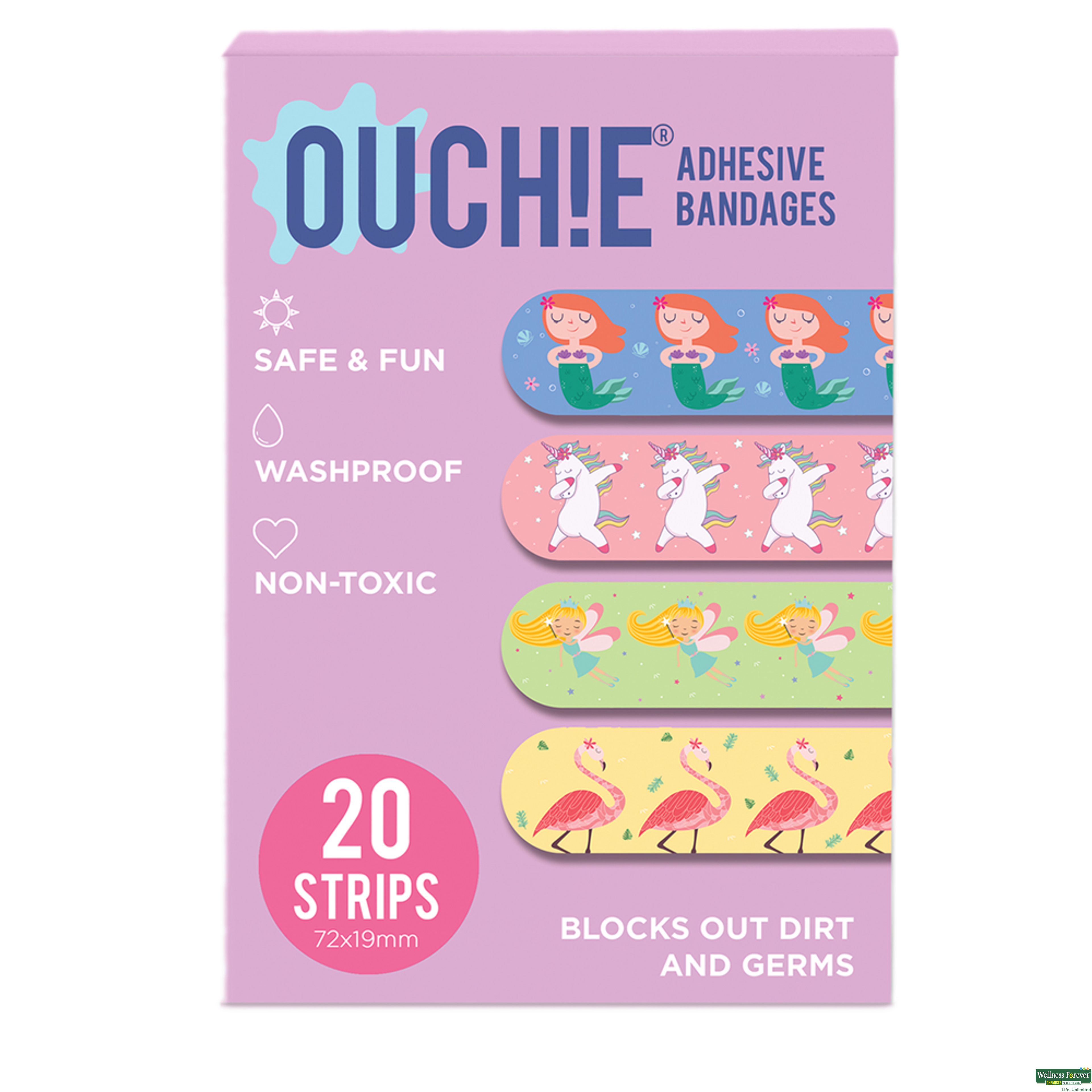 Ouchie Non-Toxic Printed Bandages, Lavender, 20 Pieces-image