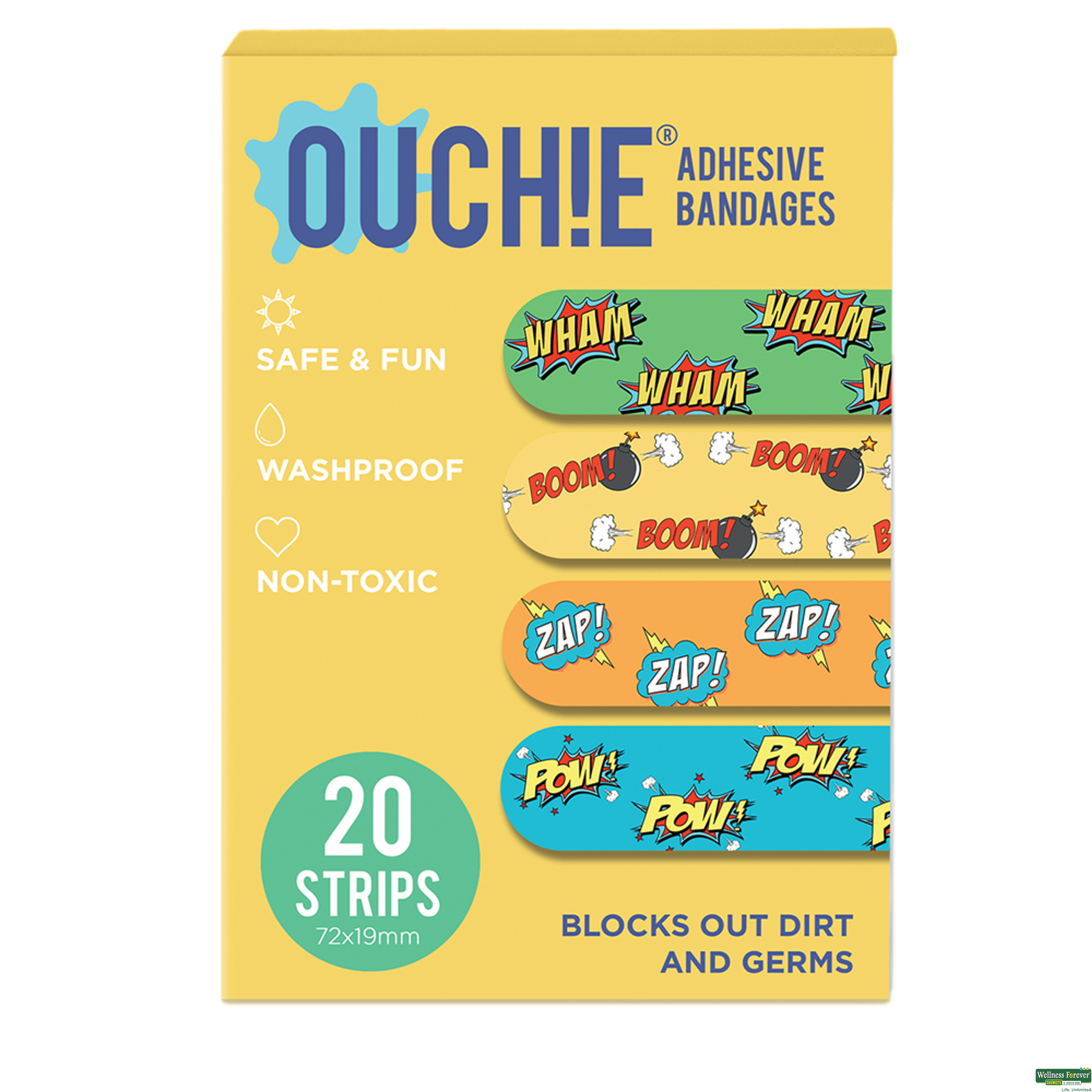 Ouchie Non-Toxic Printed Bandages Yellow 20 Pieces-image