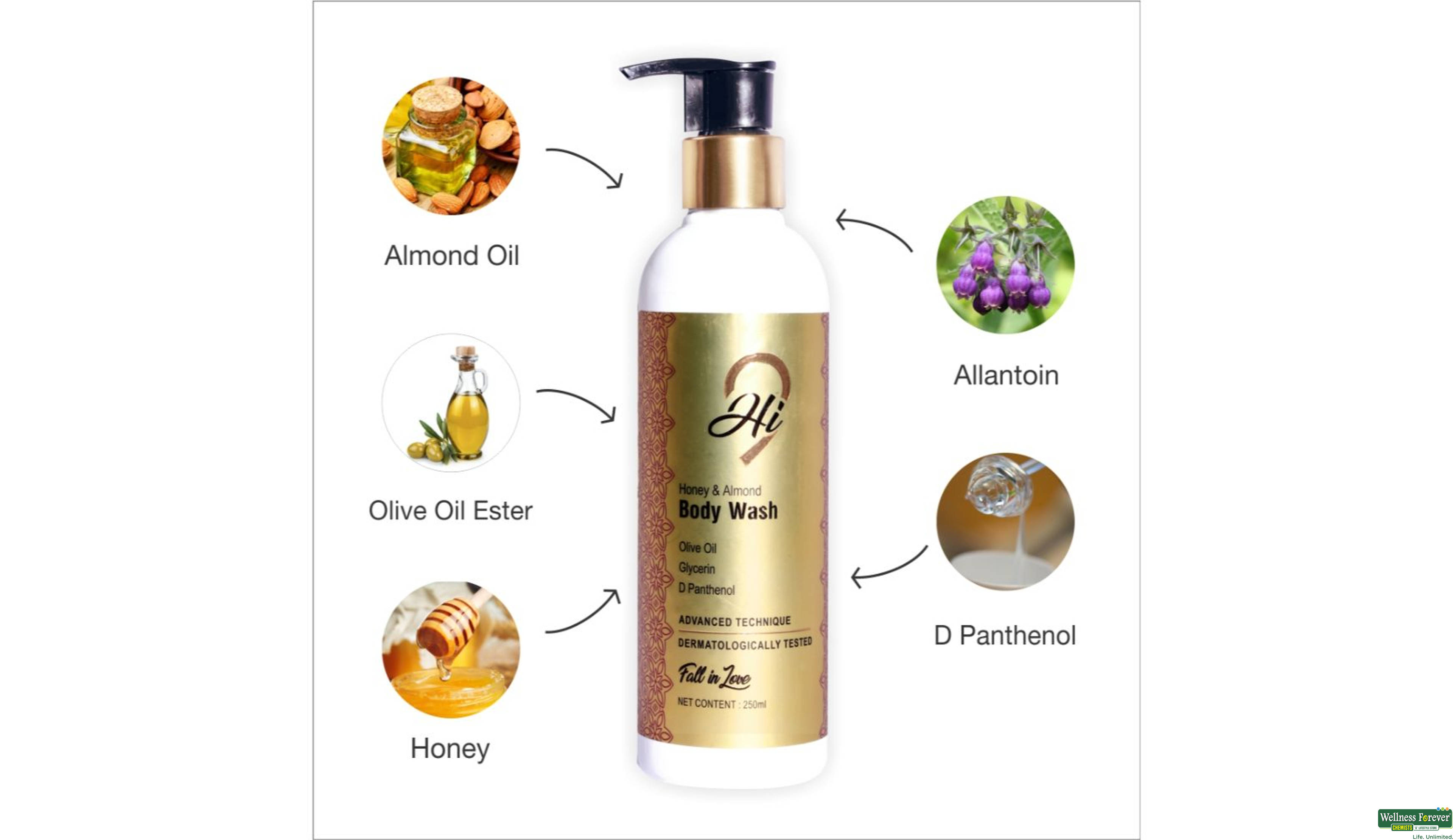 HI9 B/WASH HONEY & ALMOND 250ML- 4, 250ML, 