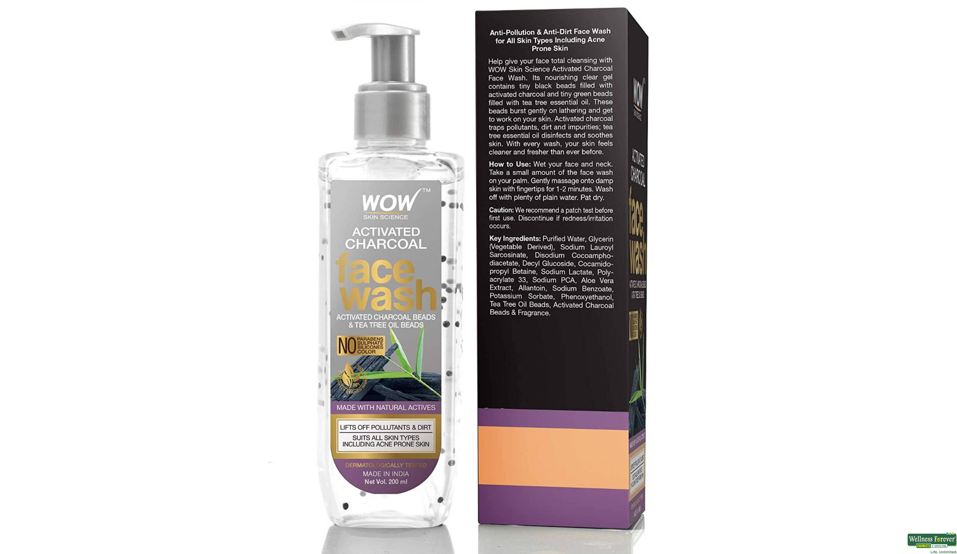 WOW ACTIVATED CHARCOAL F/WASH 200ML- 2, 200ML, null