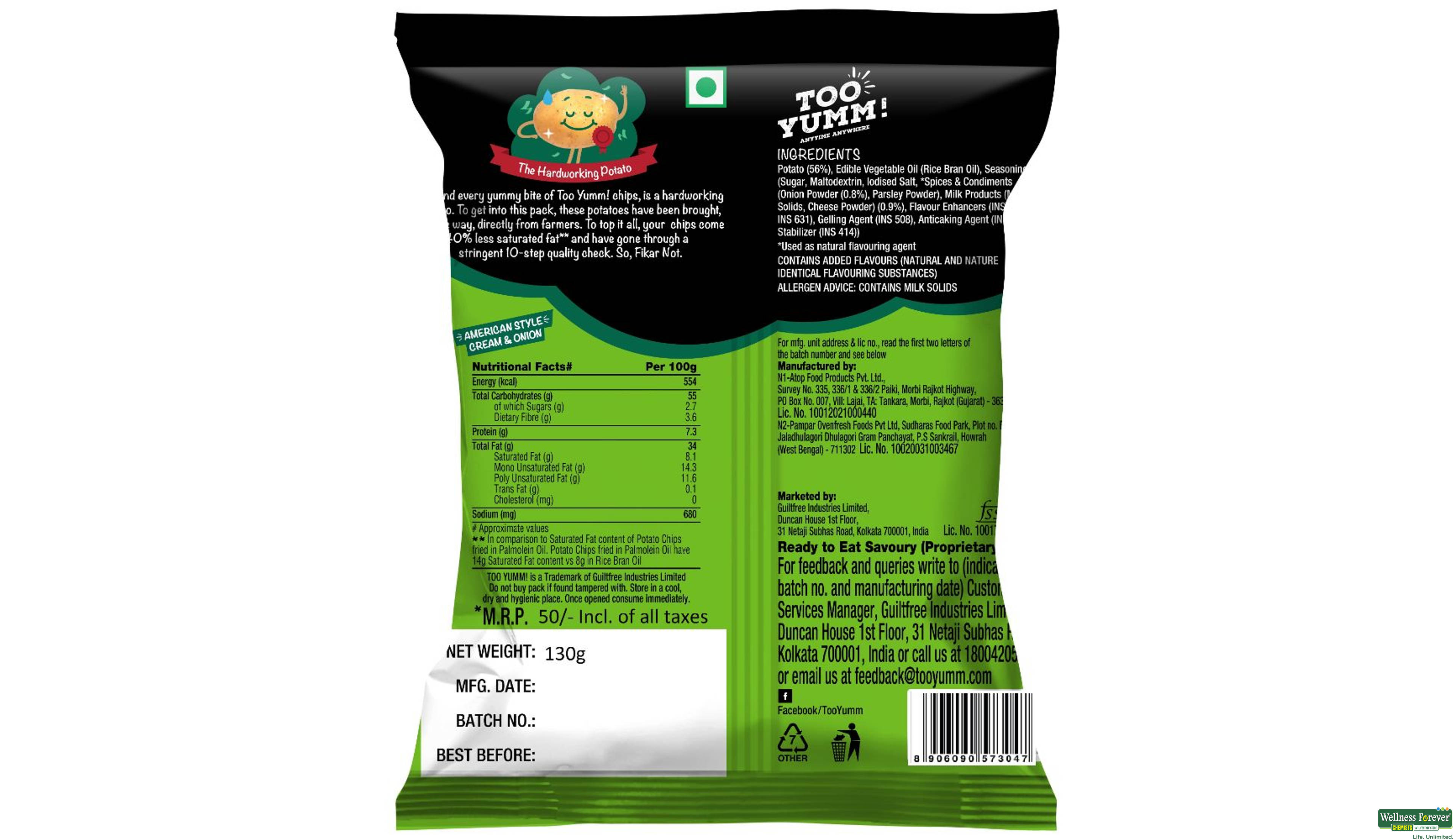 TOO YUMM CHIPS AERICAN CRM ONIAN 130GM- 2, 130GM, null