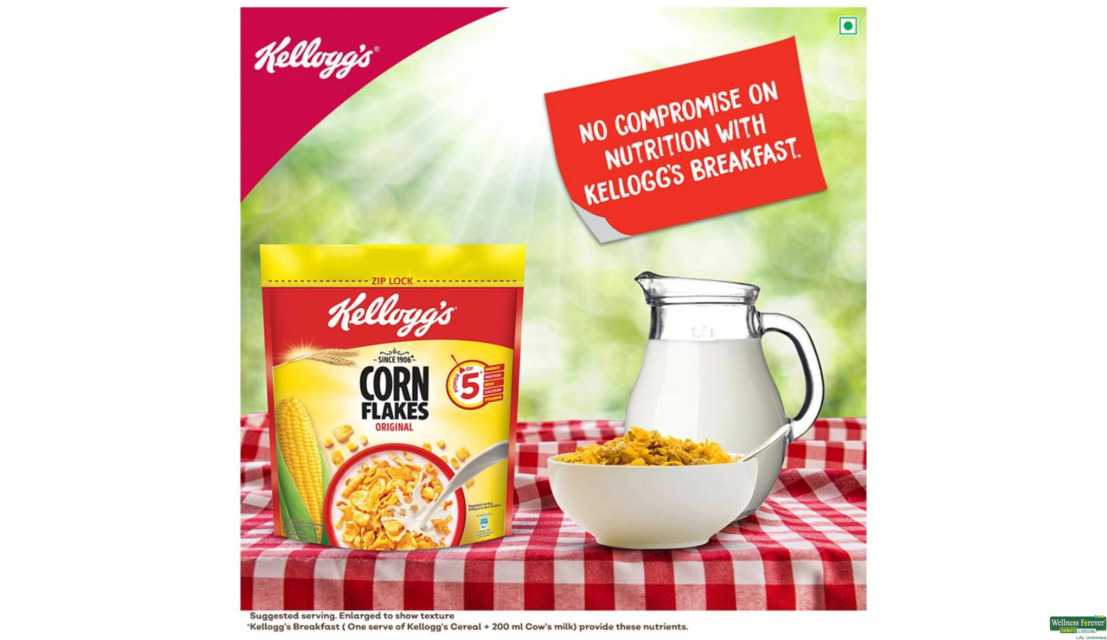 Kellogg's Corn Flakes Original, Power of 5: Energy, Protein, Iron,  Calcium, Vitamins B1, B2, B3 & C, Cornflakes, Breakfast Cereal