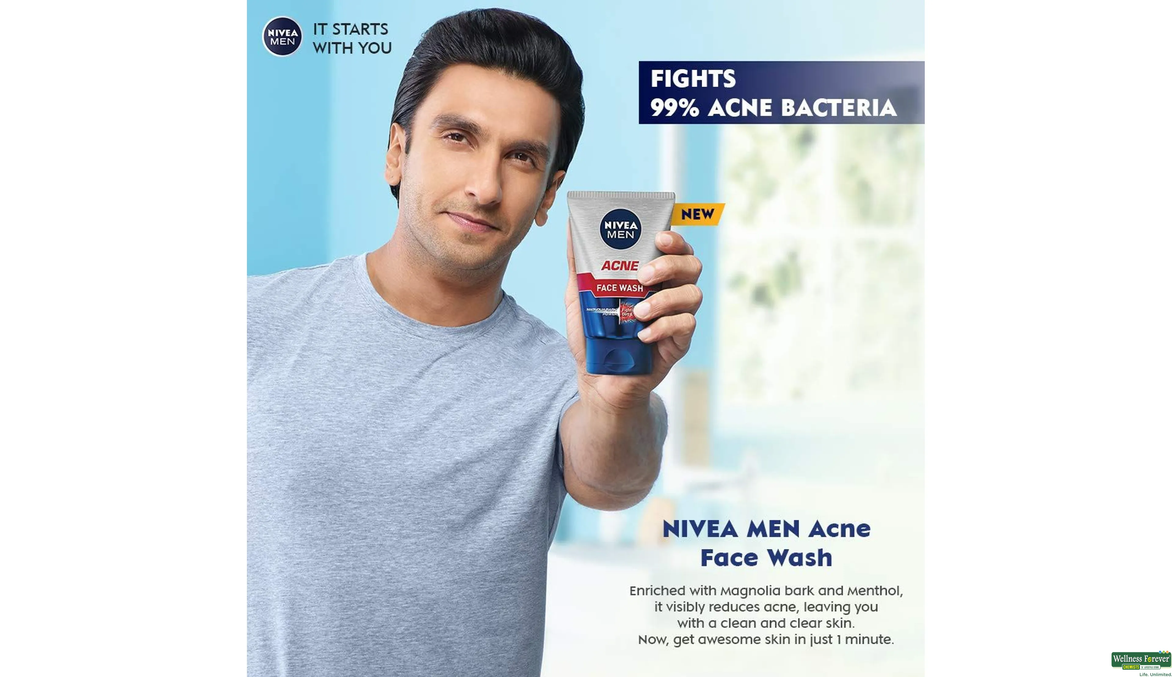 NIVEA F/WASH MEN ACNE 100GM- 2, 100GM, 