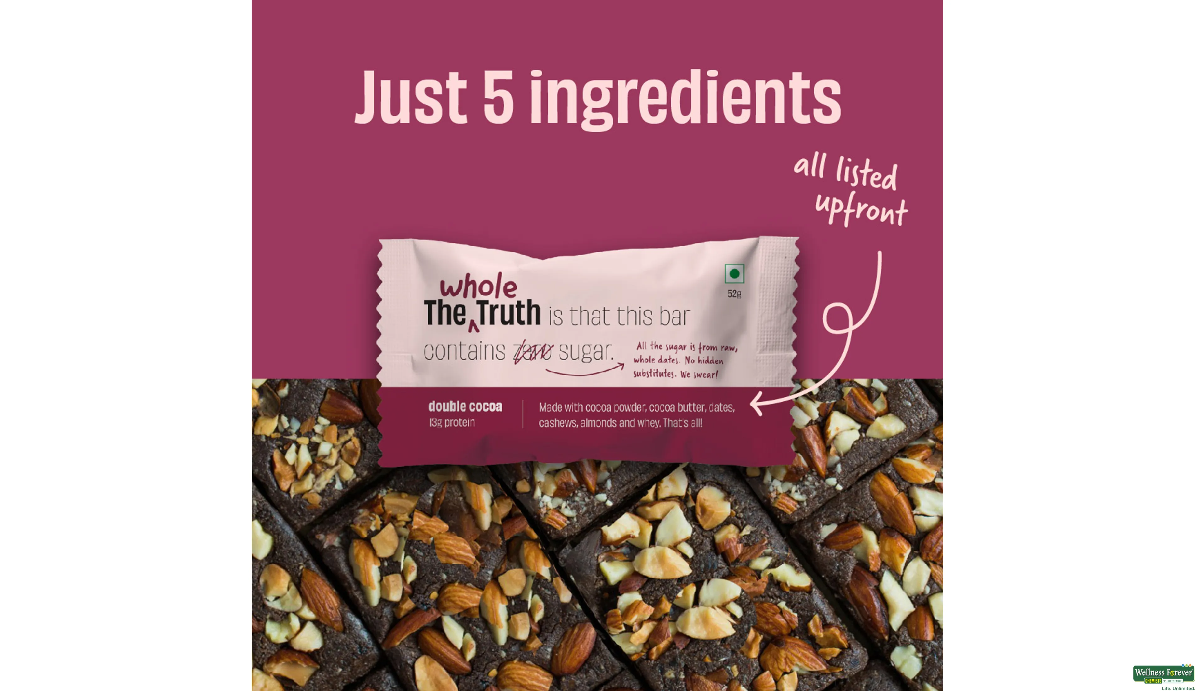 THE WHOLE T BAR COCOA PROTEIN 52GM- 5, 52GM, null