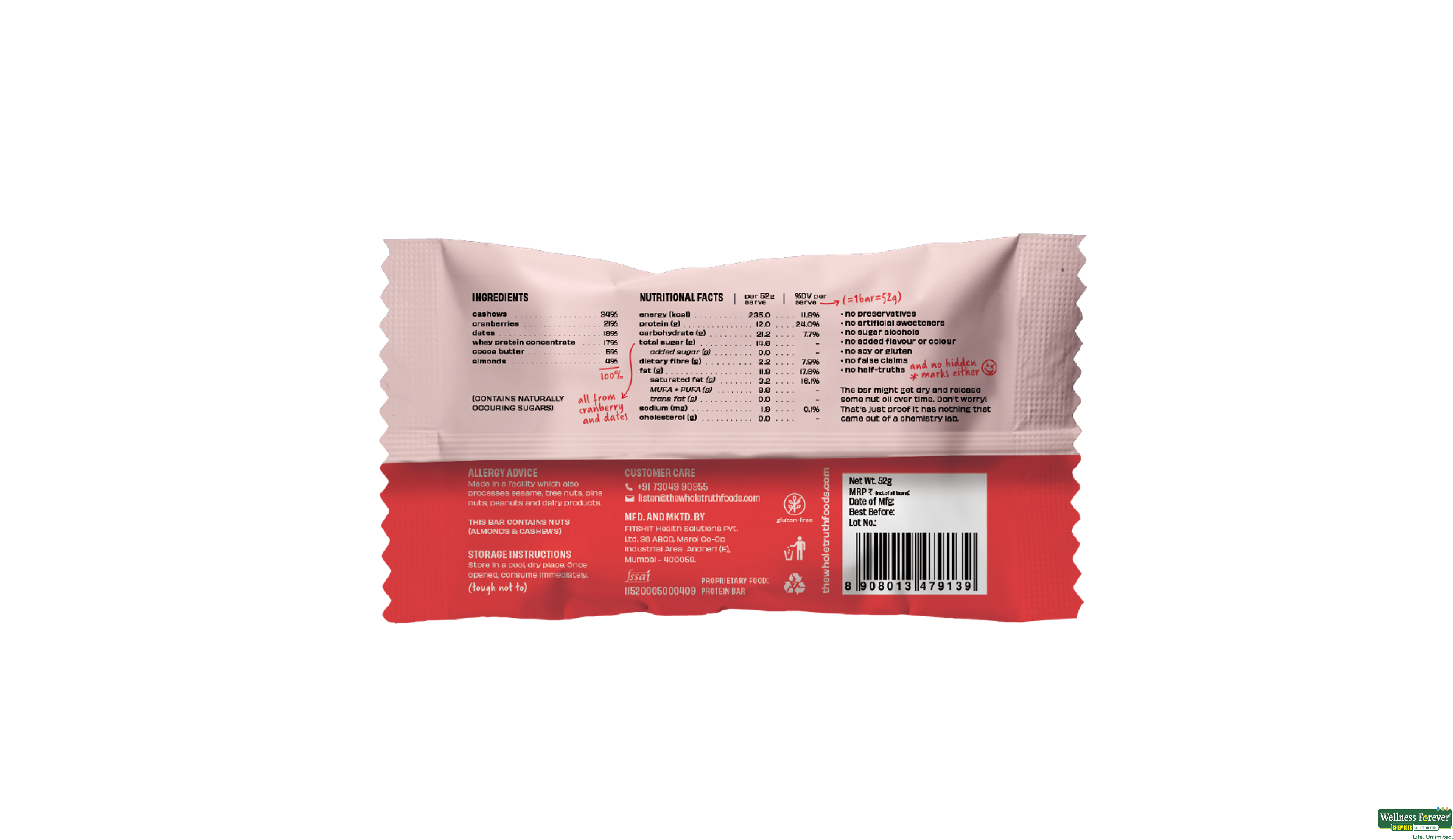 THE WHOLE T BAR CRANBERRY PROTEIN 52GM- 2, 52GM, null