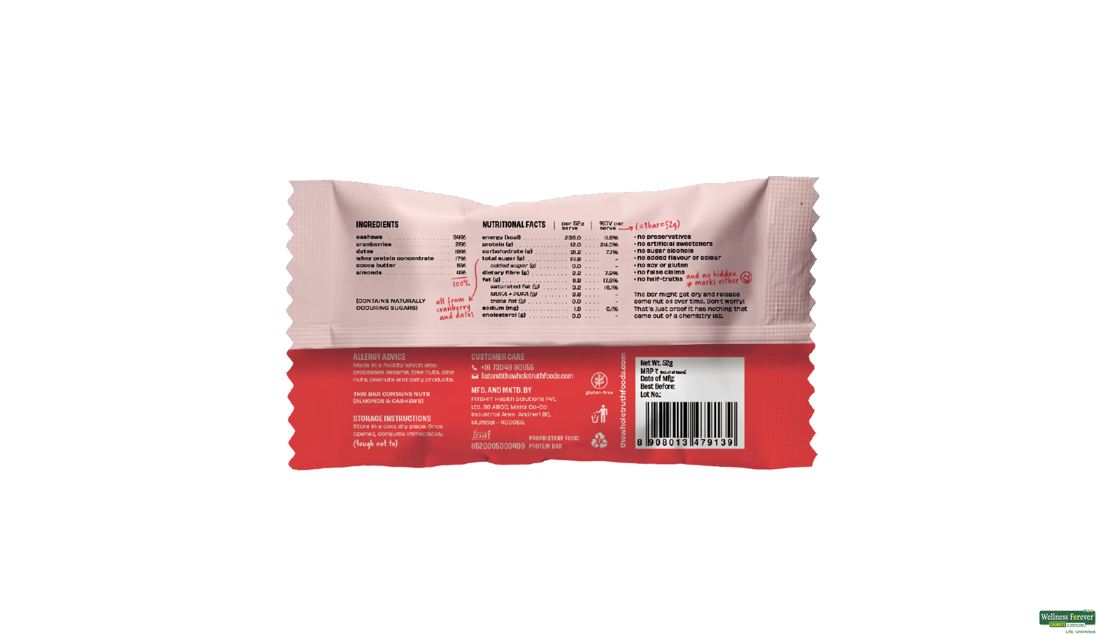 THE WHOLE T BAR CRANBERRY PROTEIN 52GM- 2, 52GM, null