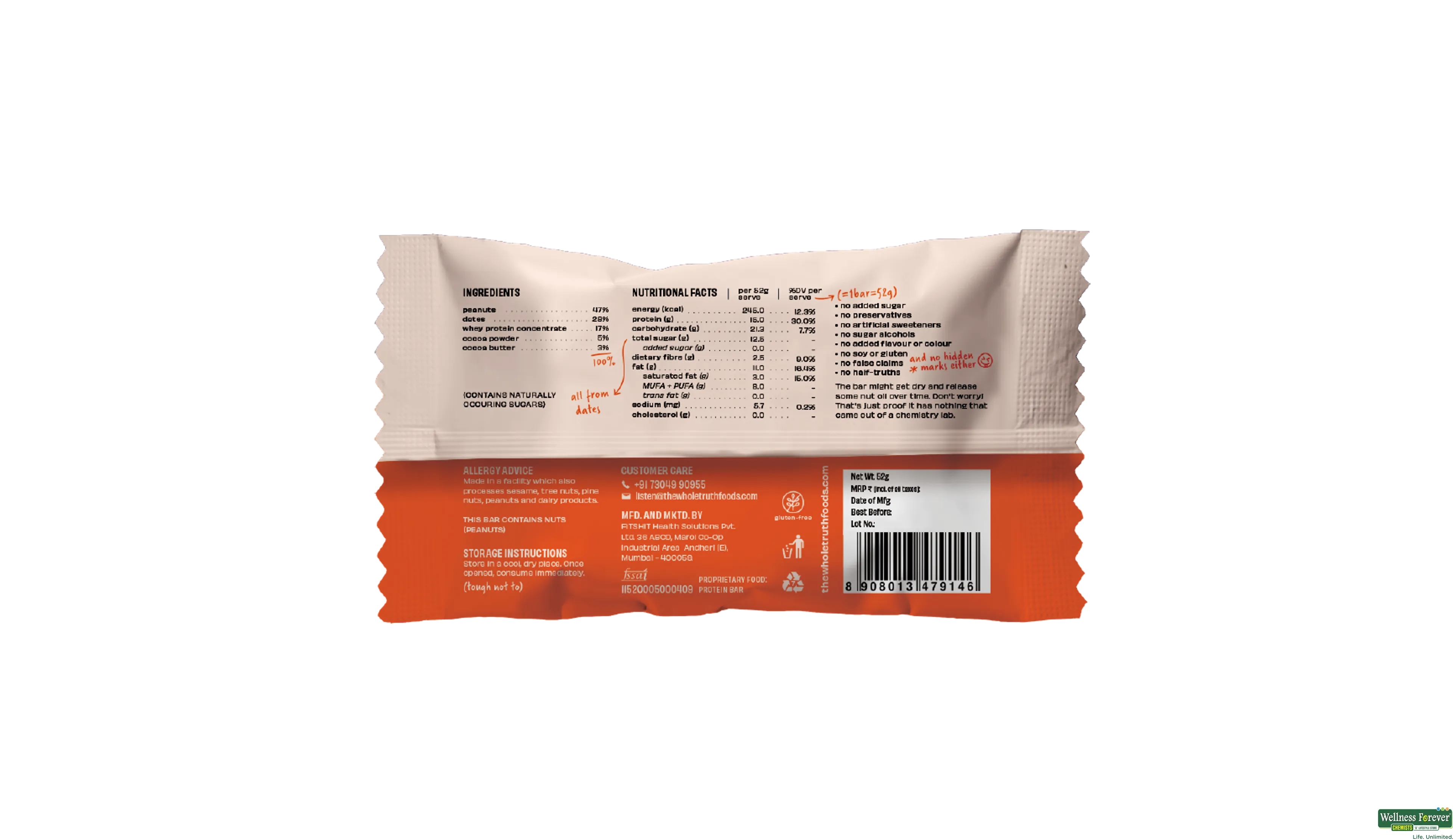 THE WHOLE T BAR PEANUT COCOA PROTEIN 52GM- 2, 52GM, null