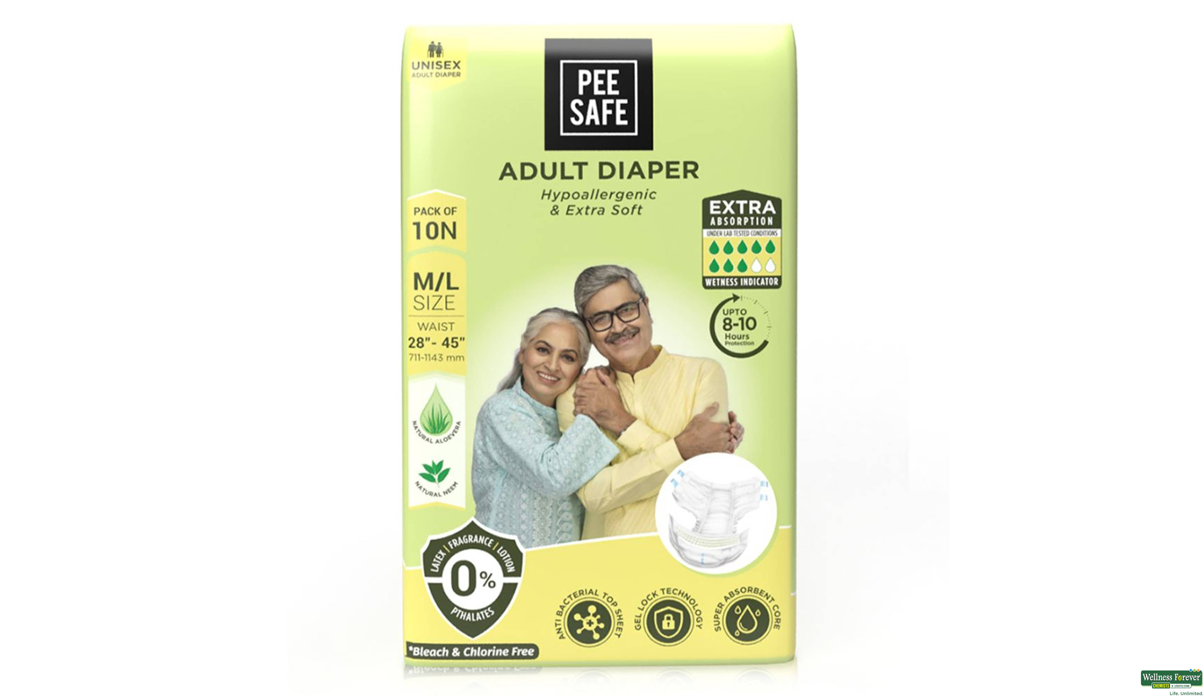 PEE SAFE ADULT DIAPER (M) 10PC- 1, 500GM, null