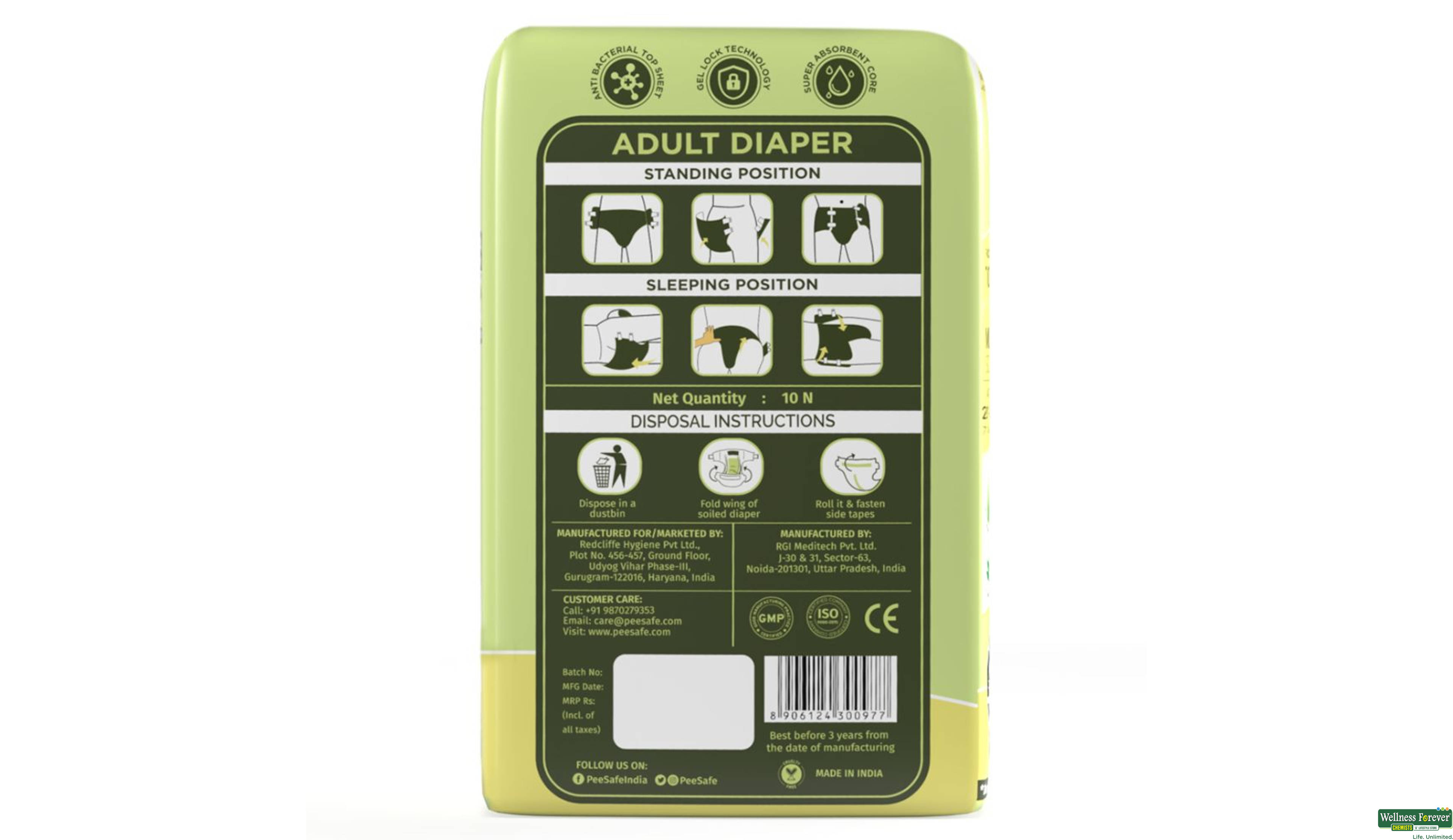 PEE SAFE ADULT DIAPER (M) 10PC- 2, 500GM, null
