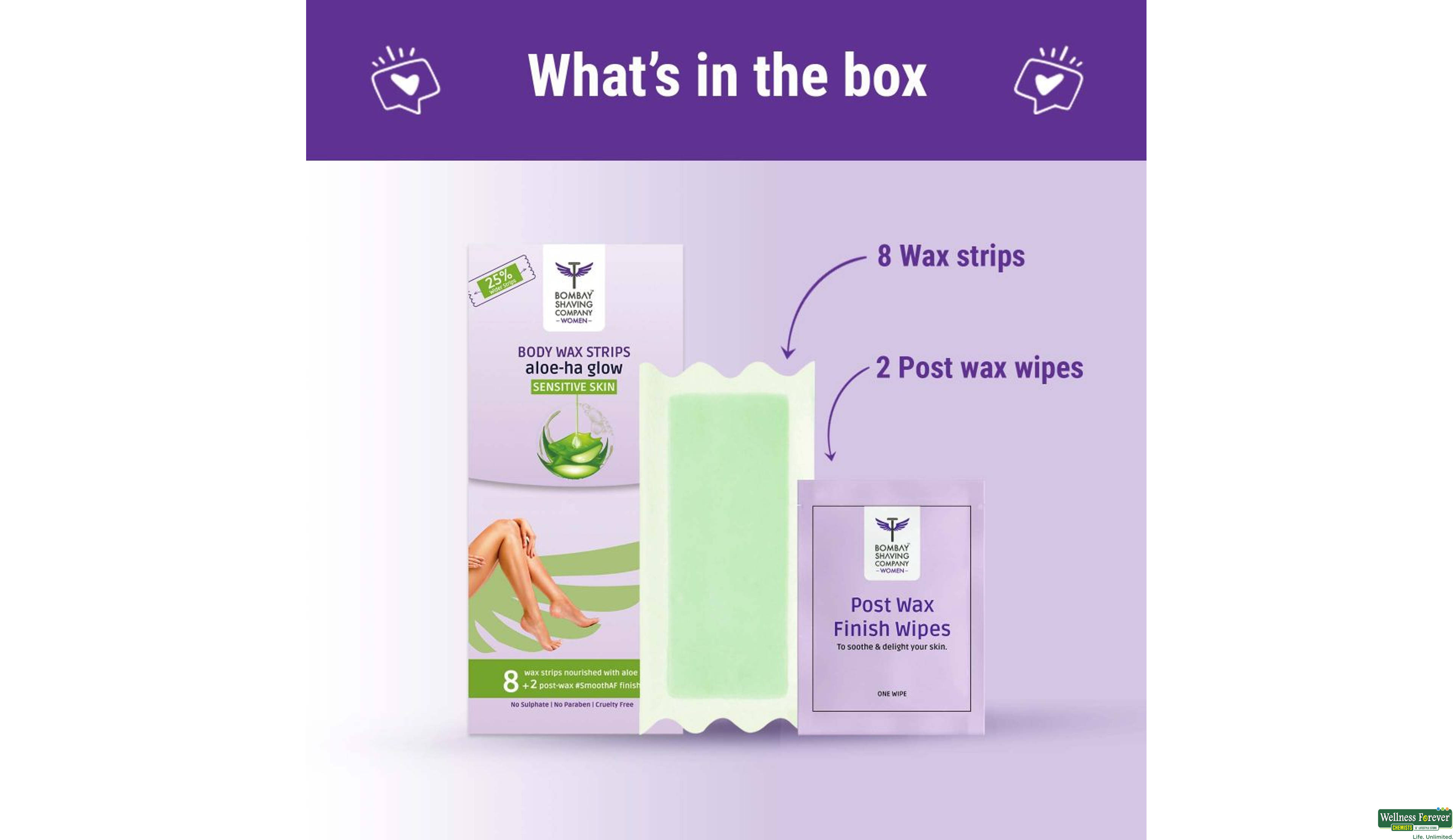 BOMBAY SHVING BODY WAX STRIPS ALOE-HA GLOW SENSITIVE SKIN 8PC- 8, 1PC, null