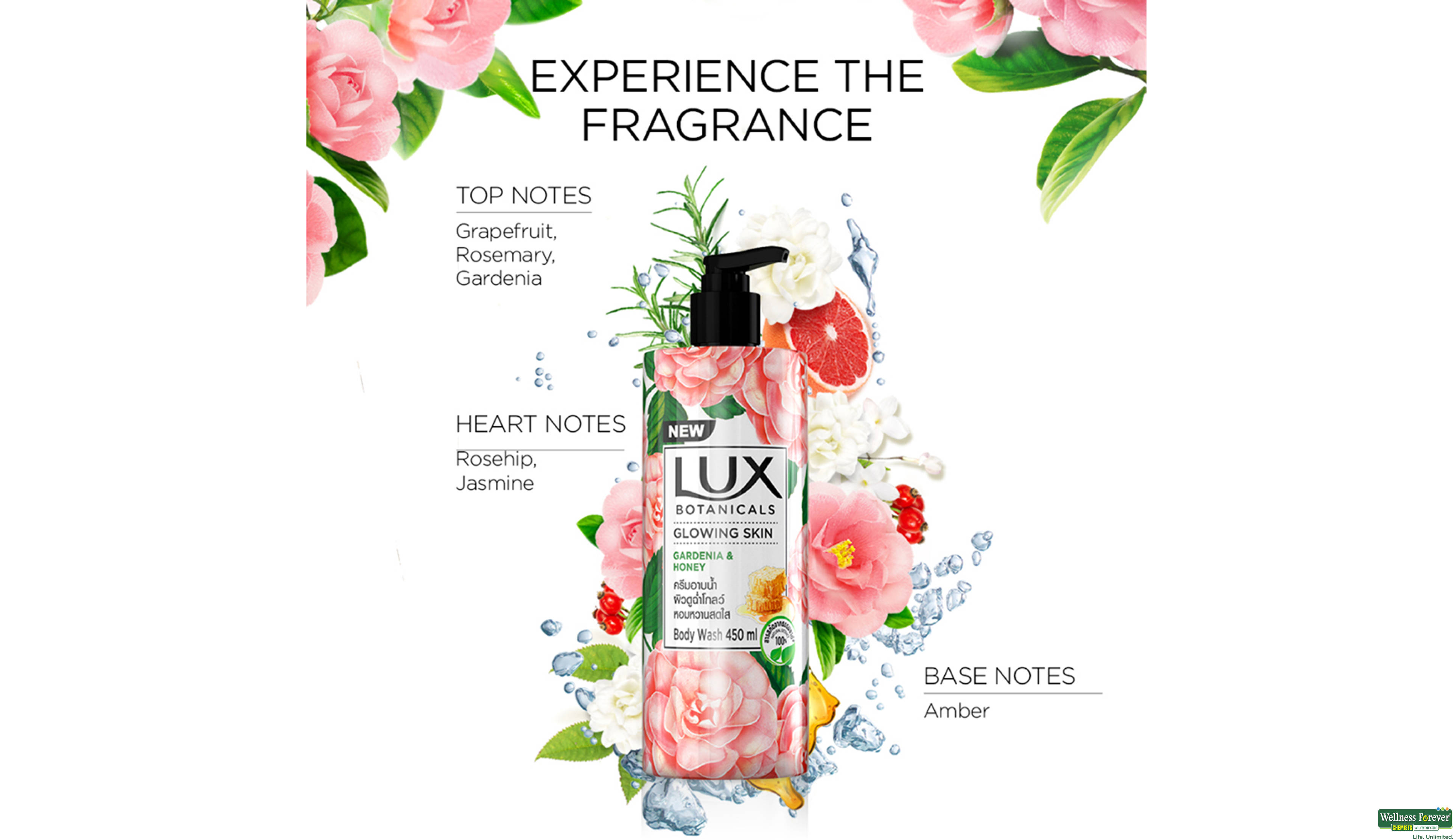 LUX BOTNICALS GARDENIA HONY B/WASH 450ML- 5, 450ML, null