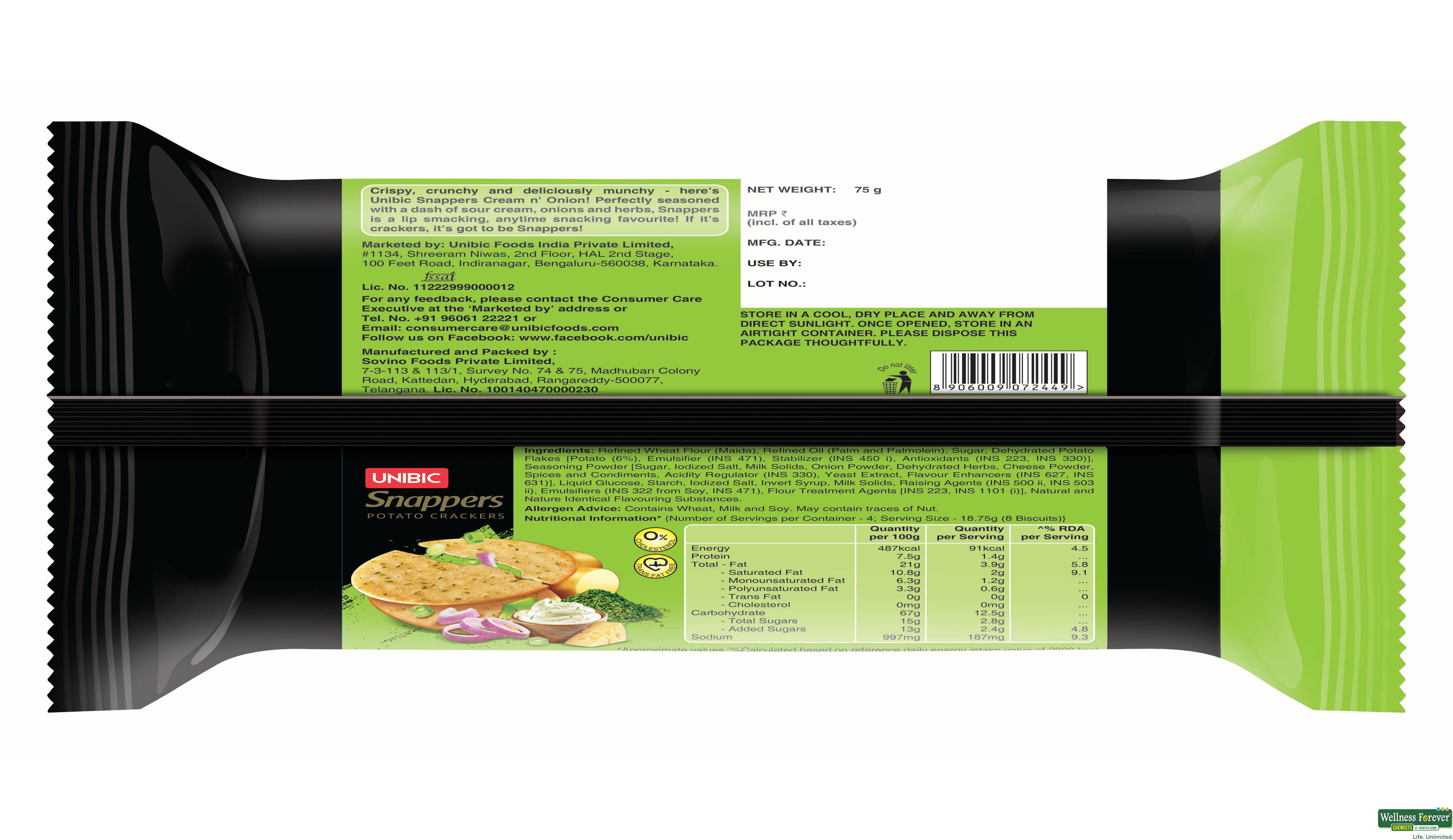 UNIBIC SNAPPERS CREAM N ONION 70GM- 2, 70GM, null