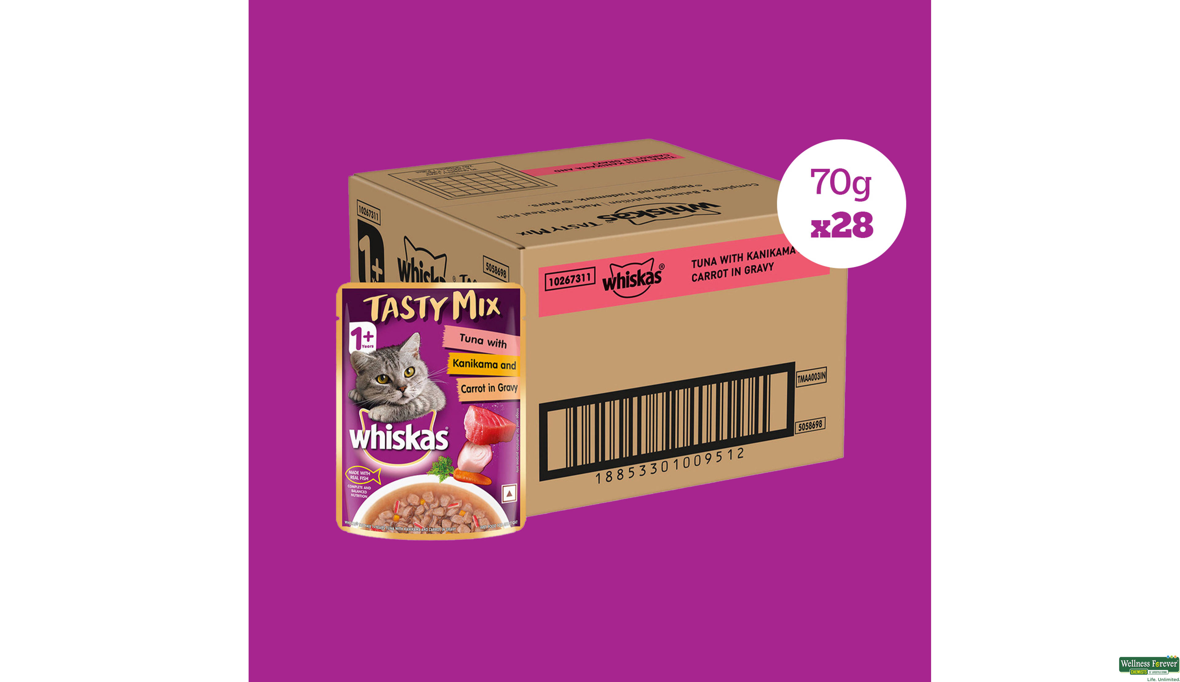 WHISKAS TASTY MIX TUNA KANIKAMA CARROT/GRAVY 70GM- 2, 70GM, 
