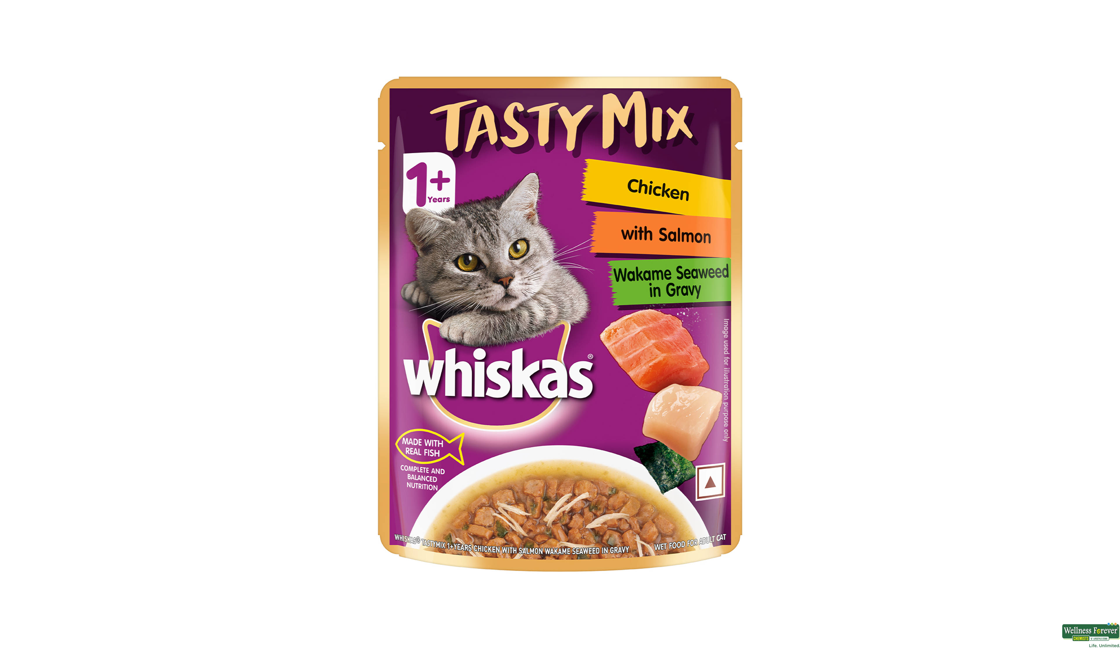 WHISKAS TASTY MIX CHI/SALMON WAKAME SEAWEED 70GM- 1, 70GM, 