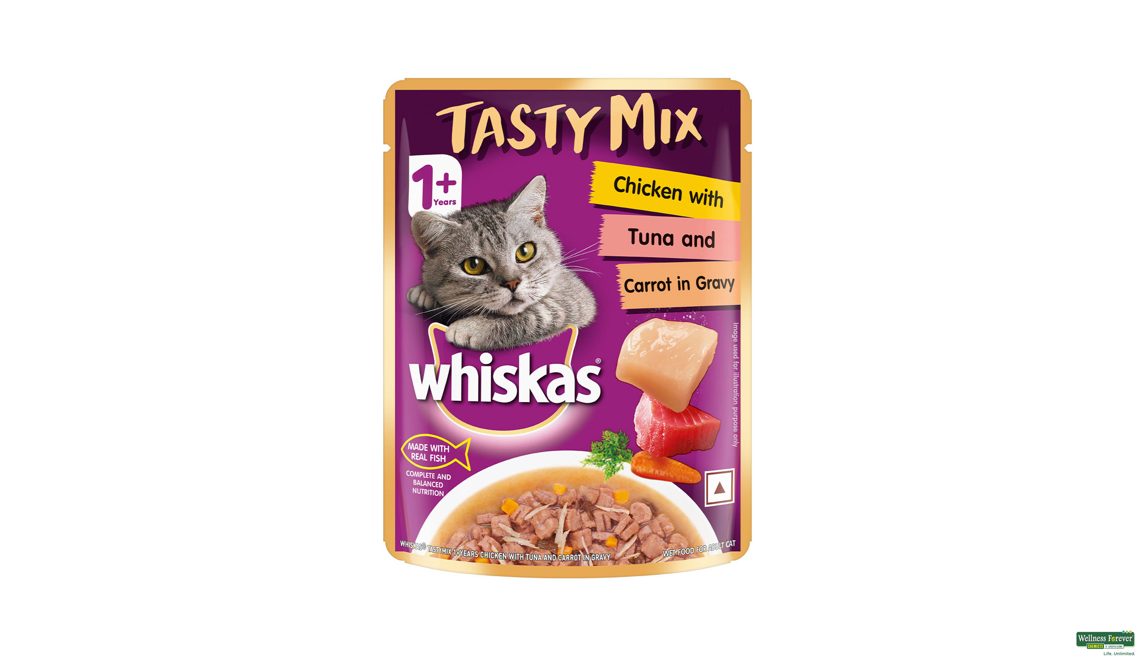 WHISKAS TASTY MIX CHI/TUNA CARROT/GRAVY 70GM- 1, 70GM, 