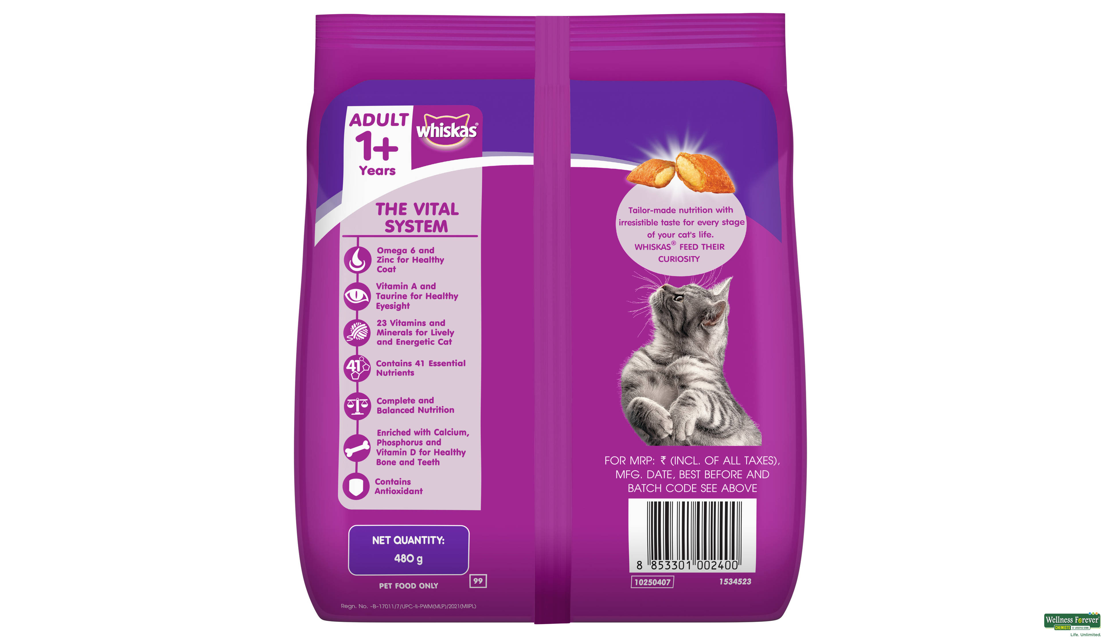 WHISKAS CAT FOOD DRY ADULT MACKEREL 480GM- 2, 480GM, 