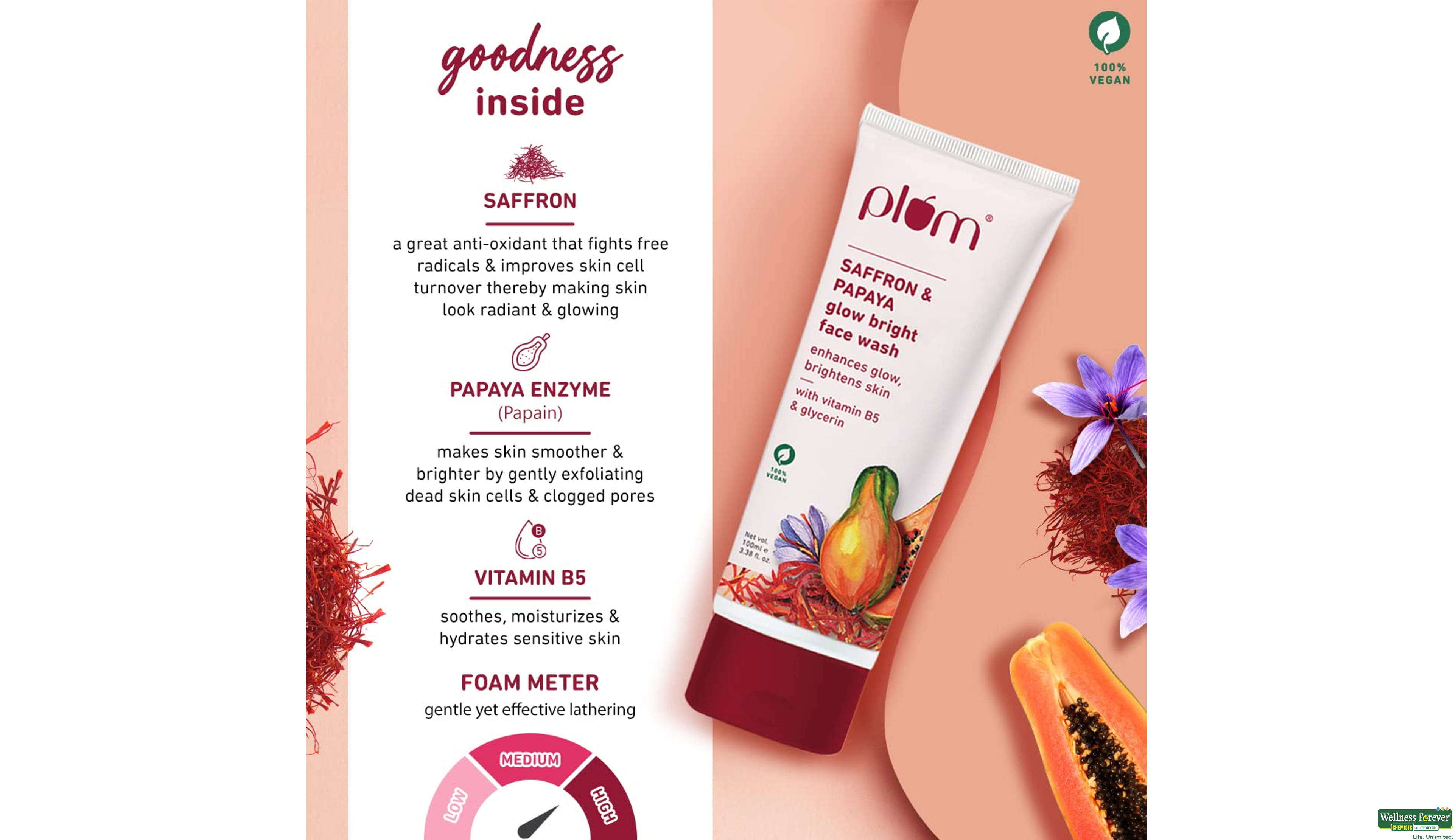 PLUM SAFFRON & PAPAYA GLOW BRIGHT FACE WASH 100GM- 3, 100GM, 