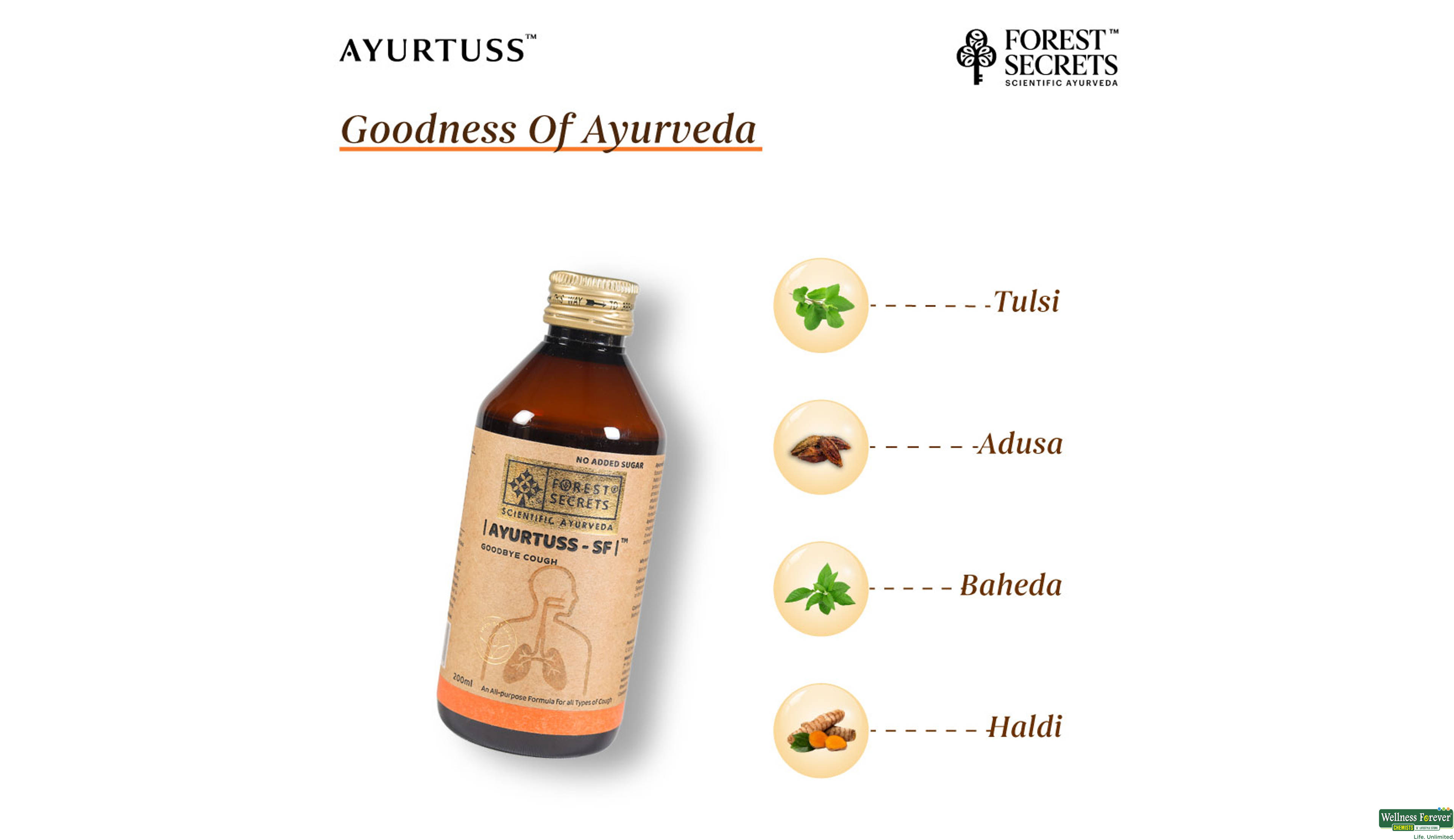 AYURTUSS-SF SYP 200ML- 2, 200ML, Sugar-free formulation, ideal for diabetics
Provides relief from both productive and non-productive coughs
Soothes the throat and relieves irritation
Made with natural herbal ingredients
