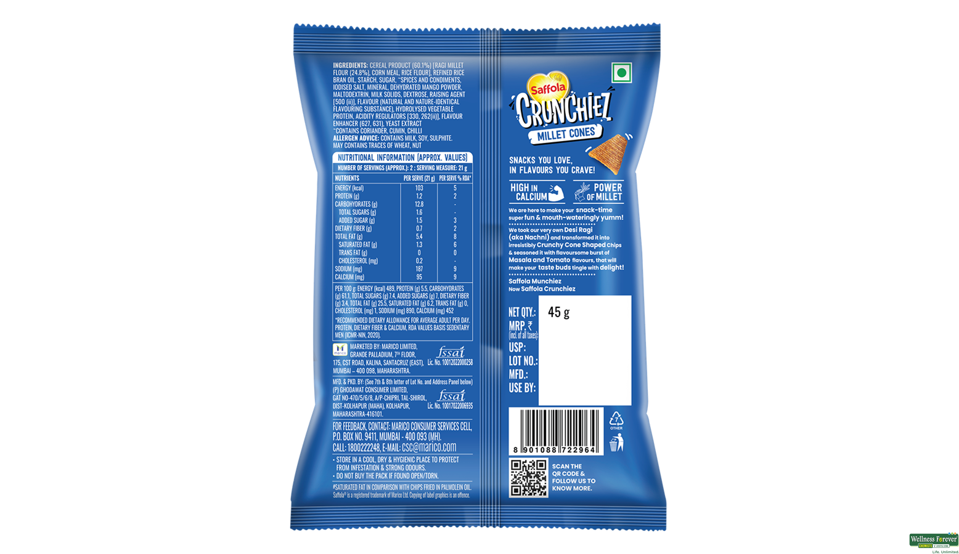 SAFFOLA MUNCHIEZ RAGI MASALA CHIPS 45GM- 2, 45GM, 