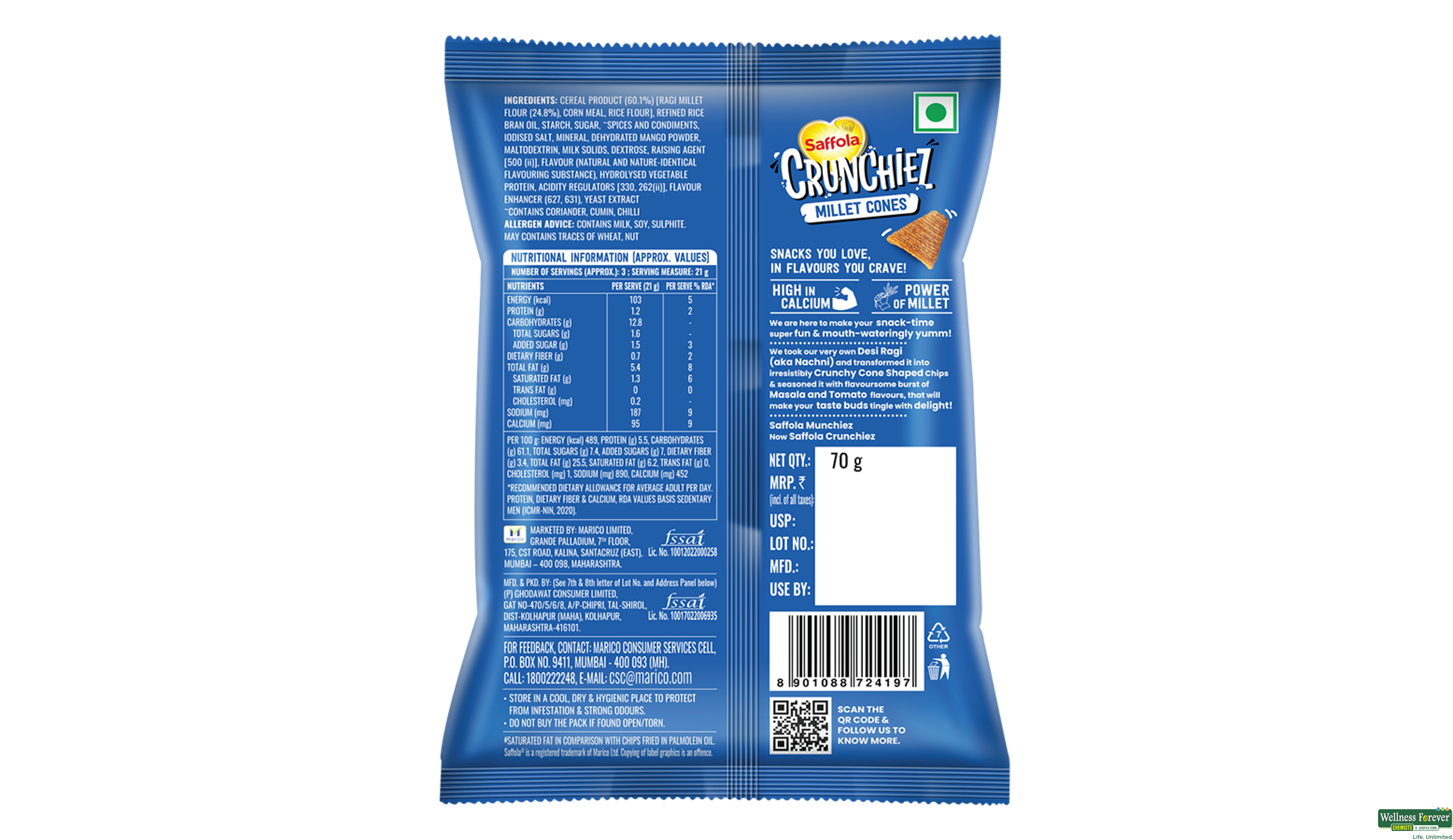 SAFFOLA MUNCHIEZ RAGI MASALA CHIPS 70GM- 2, 70GM, 