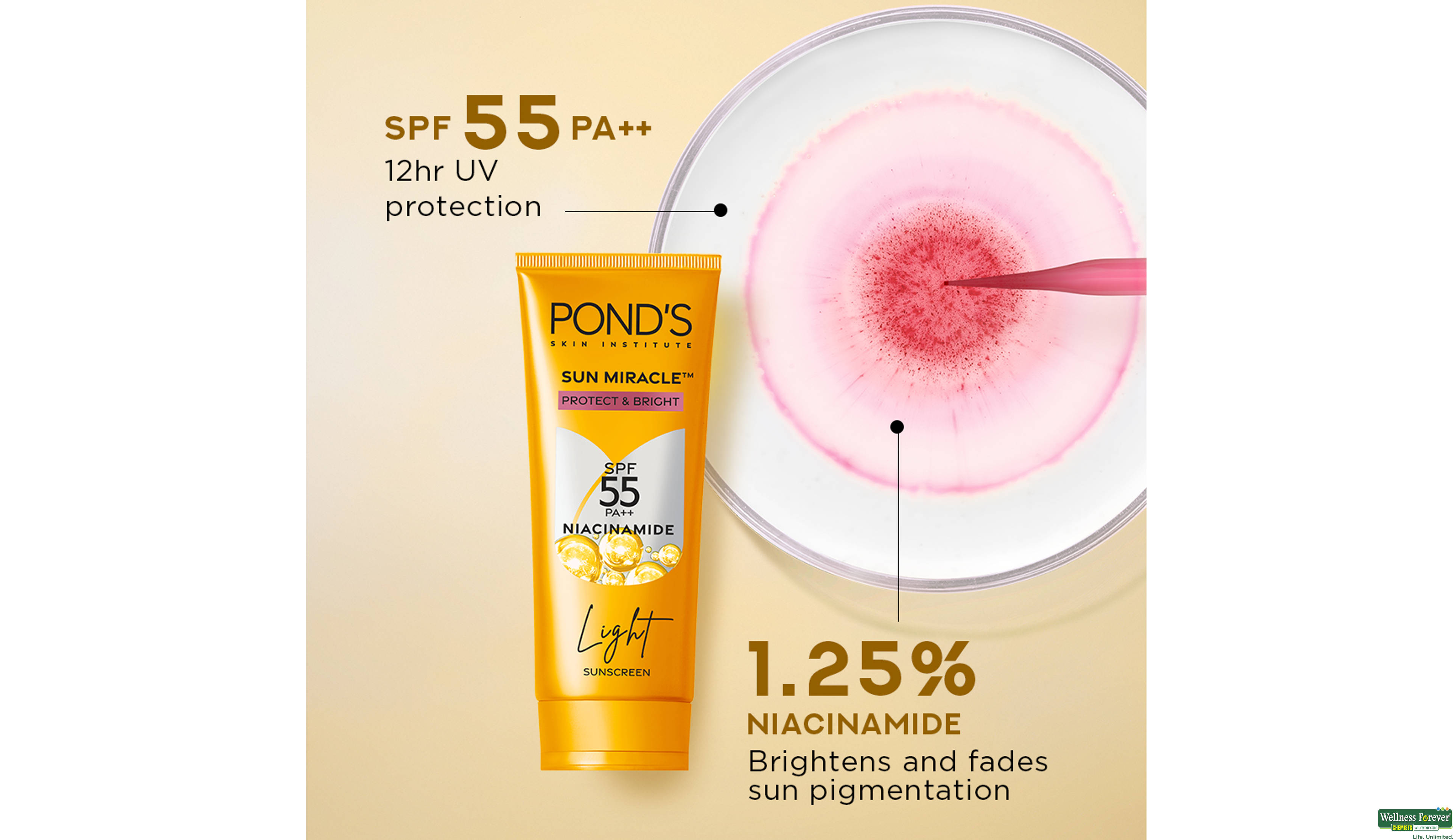 PONDS SUN MIRACLE SPF 55 NIACINAMIDE LIGHT SUNSCREEN 50GM- 1, 50GM, null