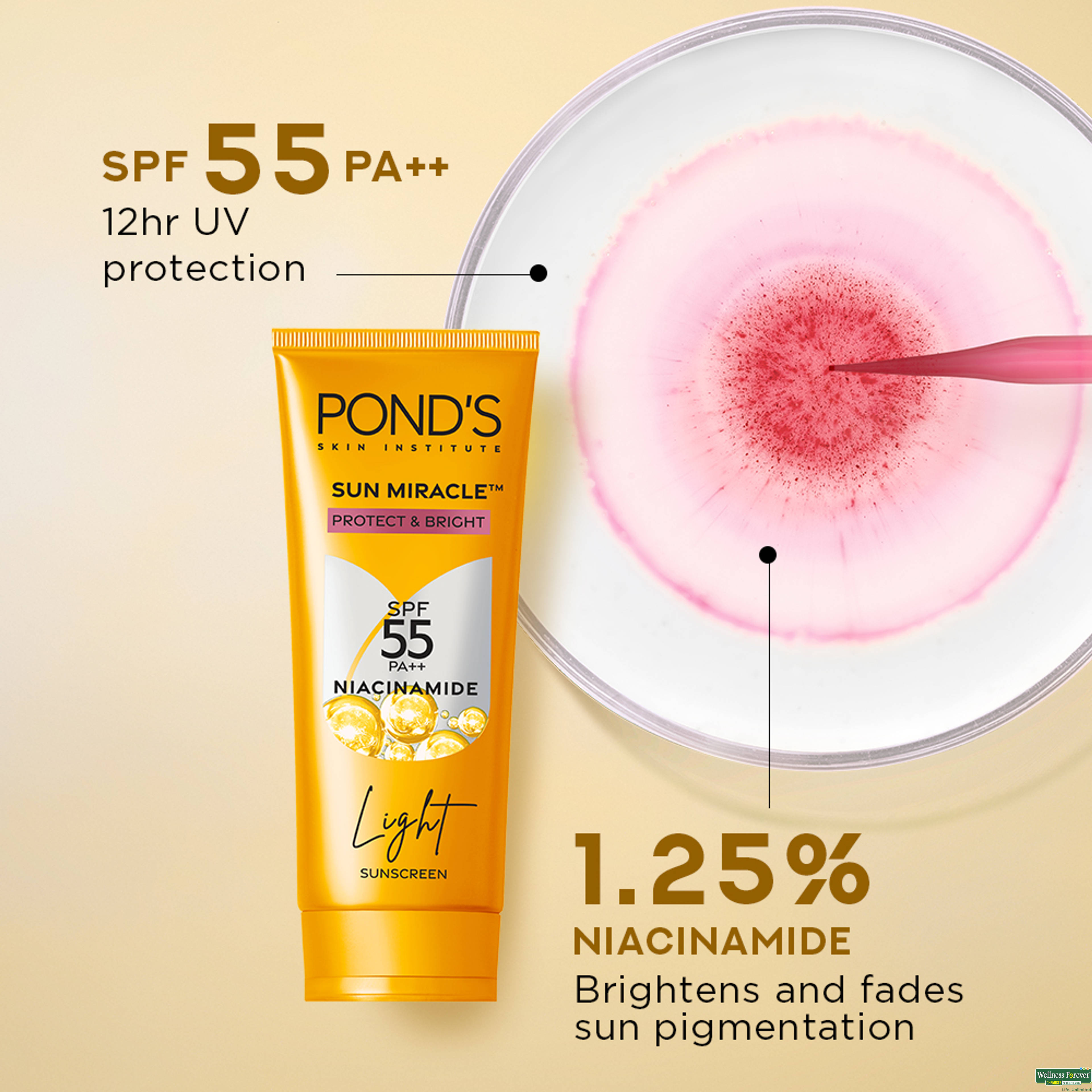 POND’S Sun Miracle SPF 50 PA+++ Light Sunscreen - Protect & Bright, With 3% Active Niacinamide 50g
-image