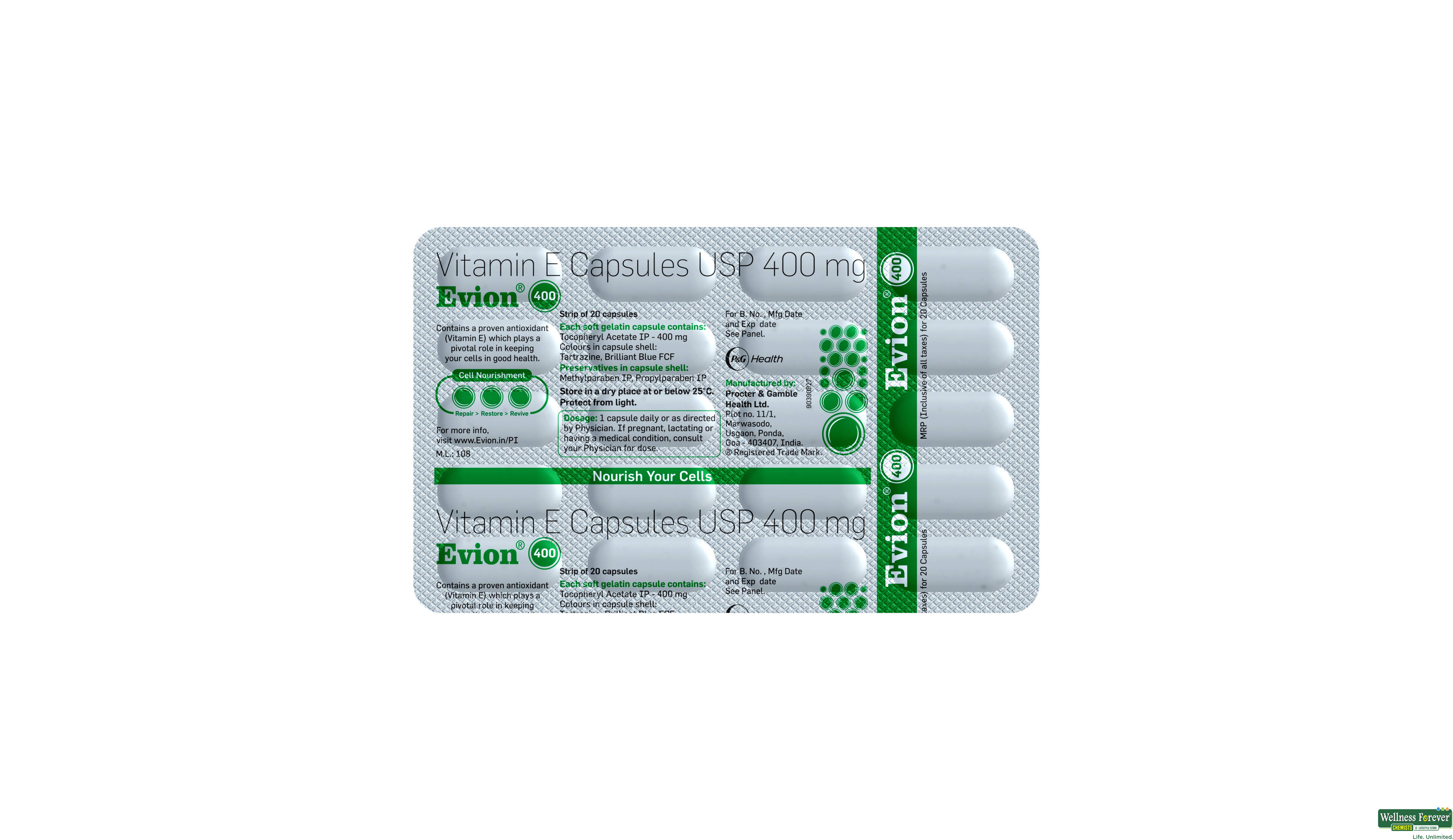 EVION 400MG 20CAP- 3, 20CAP, •Keeps cells healthy by fighting off harm.
•Helps your skin and eyes stay healthy.
•Good for the heart and other organs.
•Boosts your body’s defense against illness.