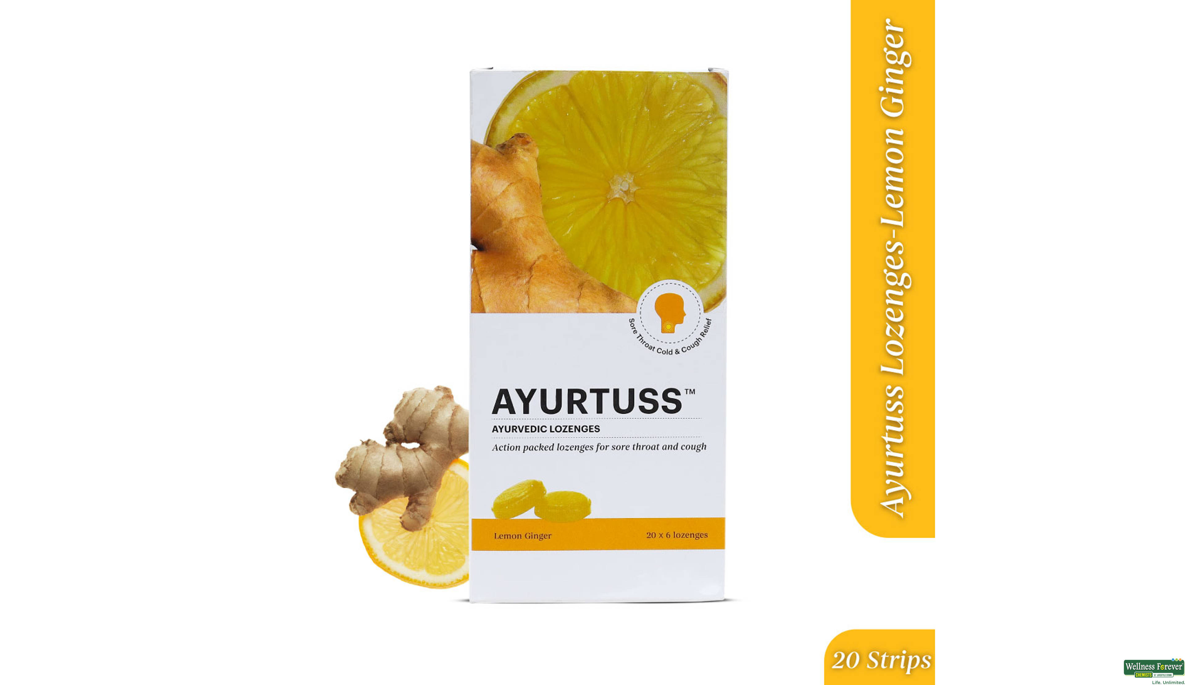 AYURTUSS AYURVEDIC LOZENGES LEMON GINGER 6TAB- 1, 6TAB, null