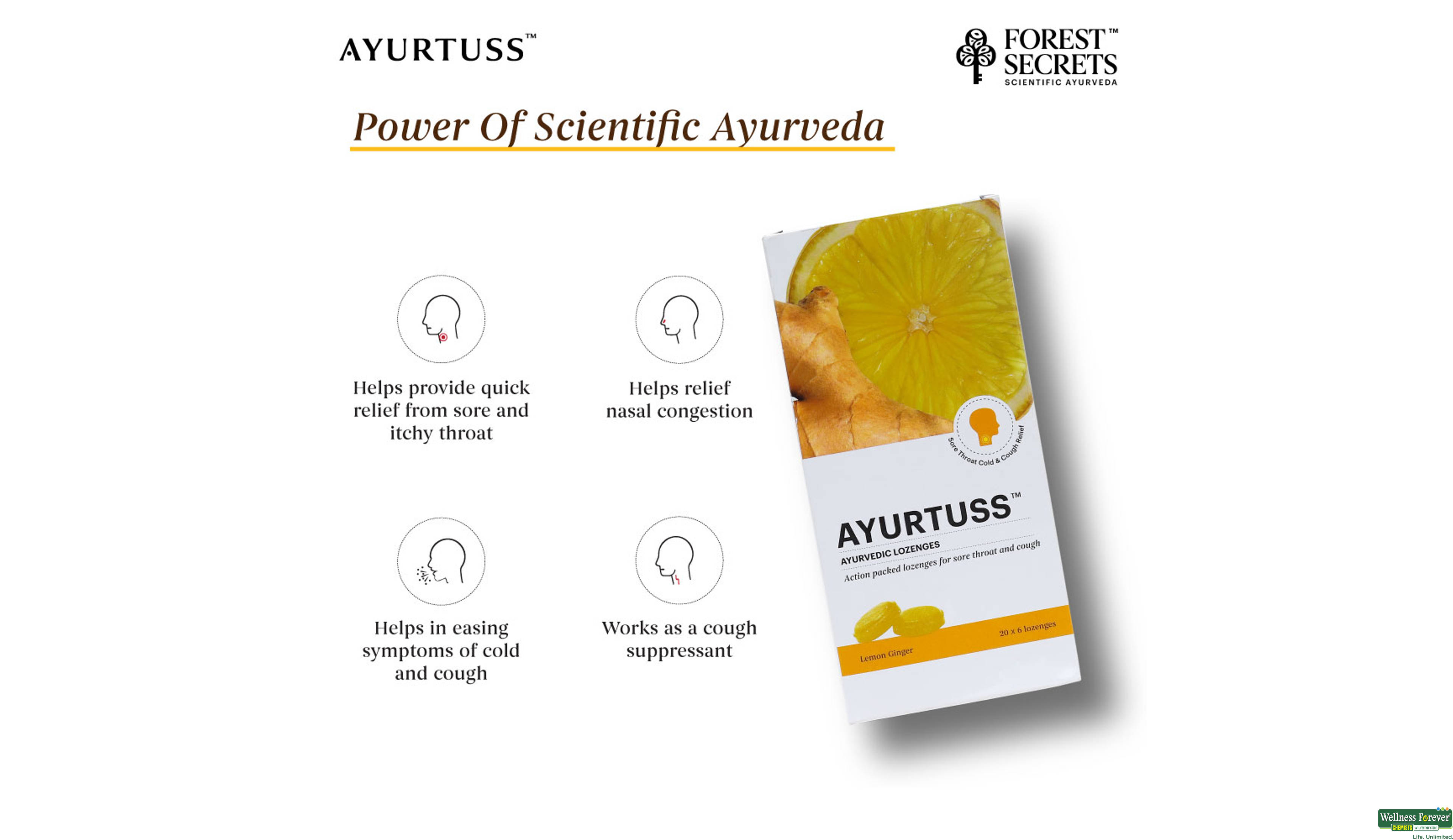 AYURTUSS AYURVEDIC LOZENGES LEMON GINGER 6TAB- 2, 6TAB, null