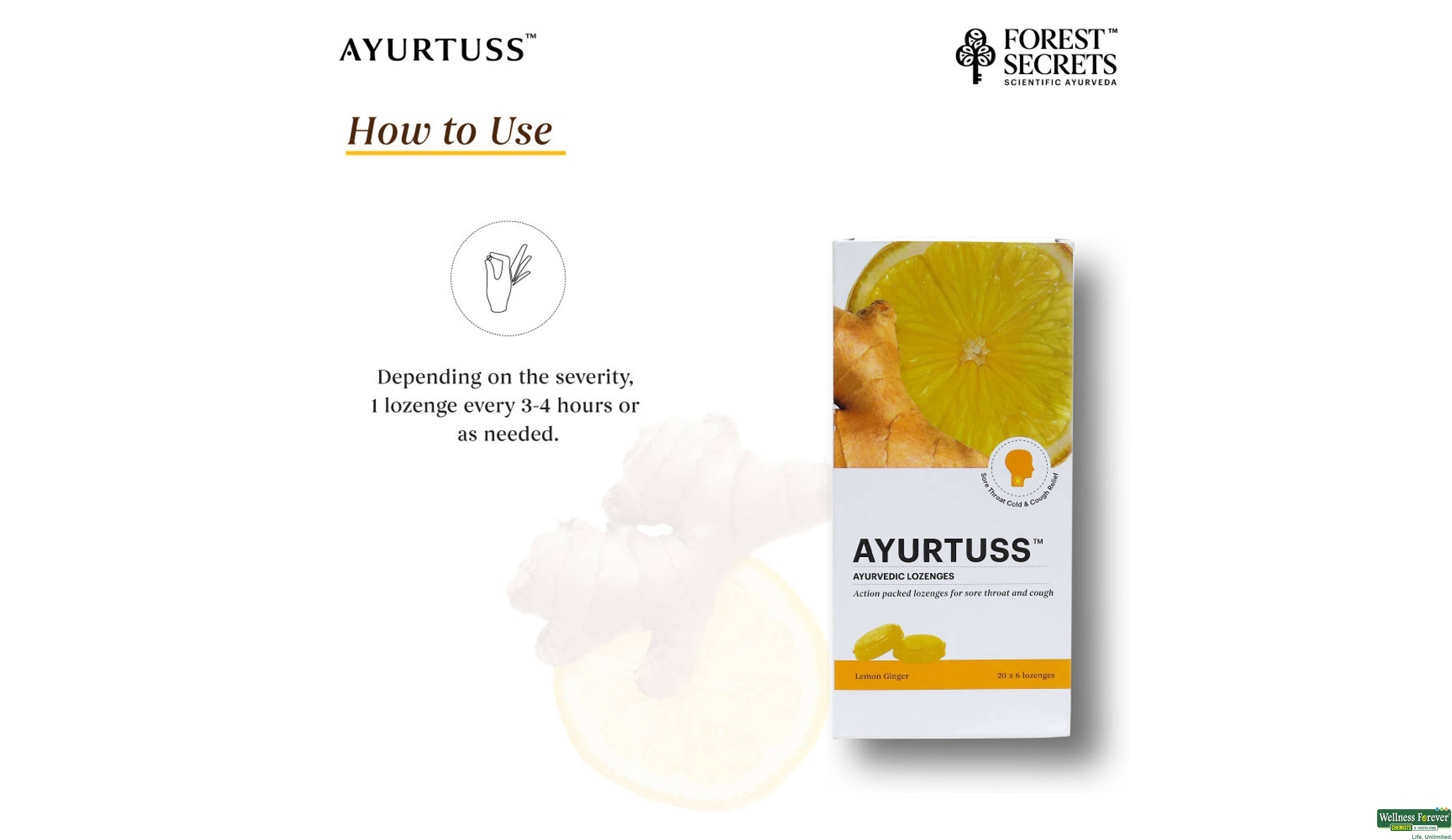 AYURTUSS AYURVEDIC LOZENGES LEMON GINGER 6TAB- 3, 6TAB, null