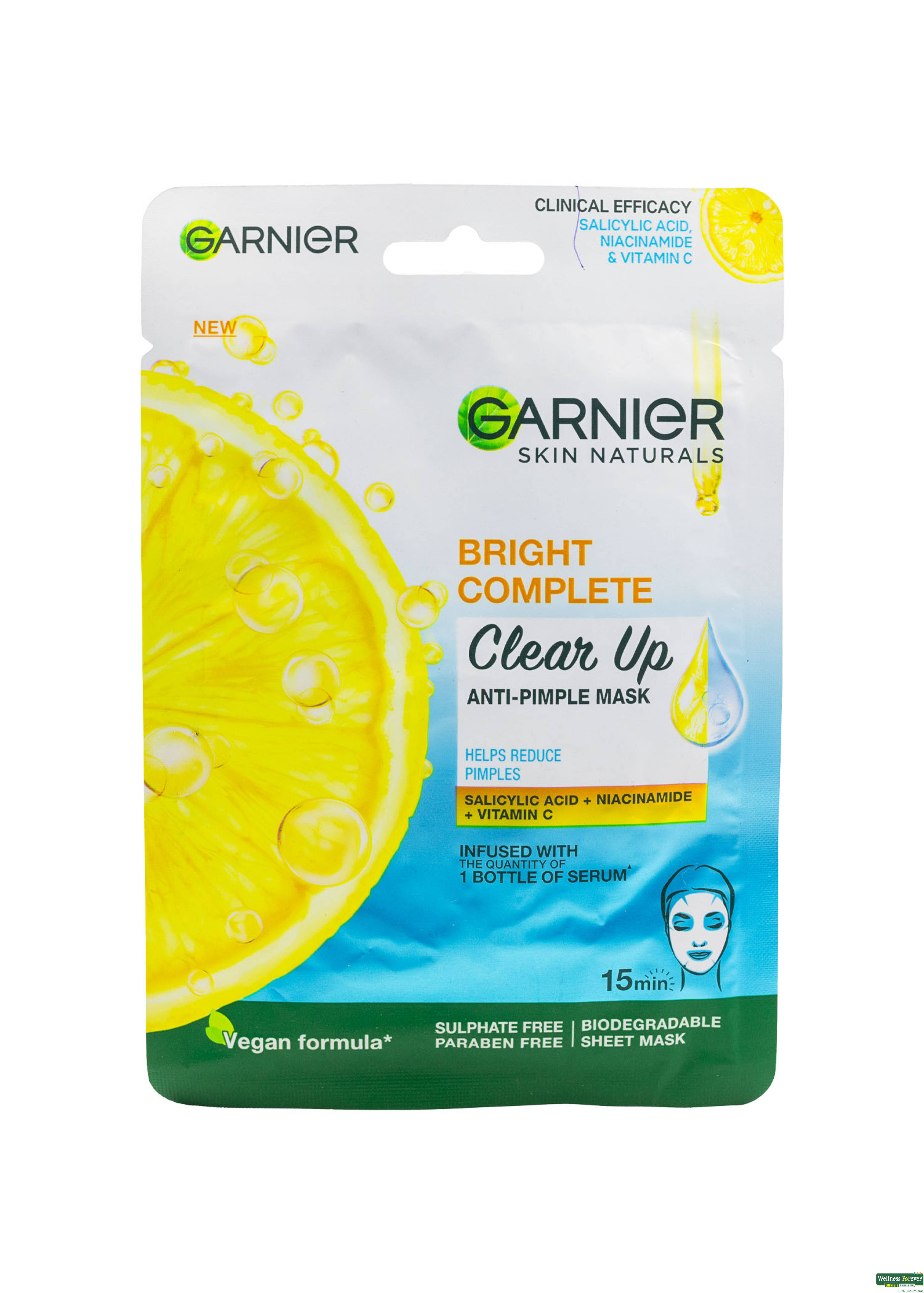 Garnier Bright Complete Anti Pimple Sheet Mask | With Salicylic Acid Niacinamide & Vitamin C Serum 28g-image