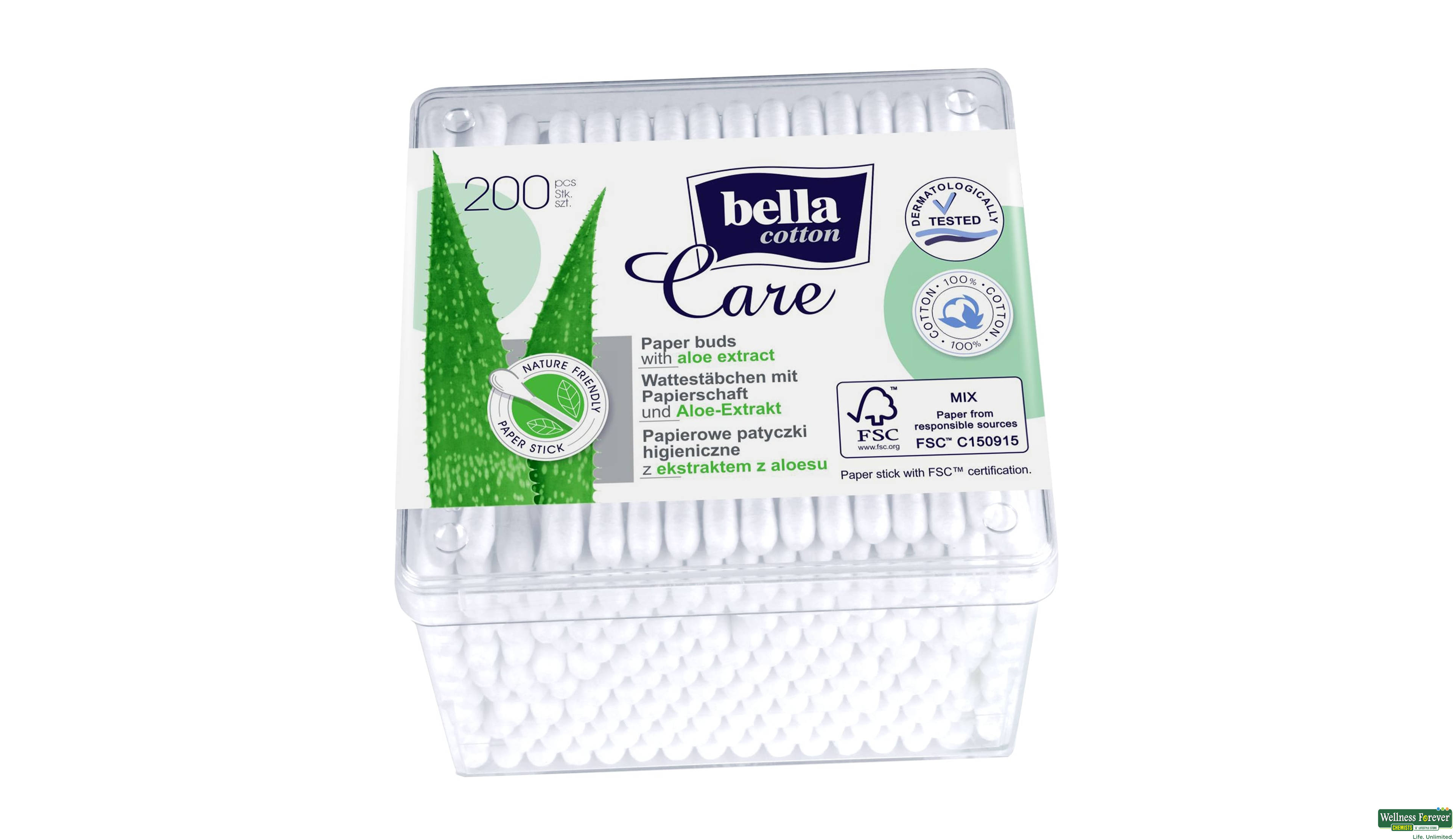 BELLA COTTON PAPER STICKS ALOE VERA 200PC- 1, 200PC, null