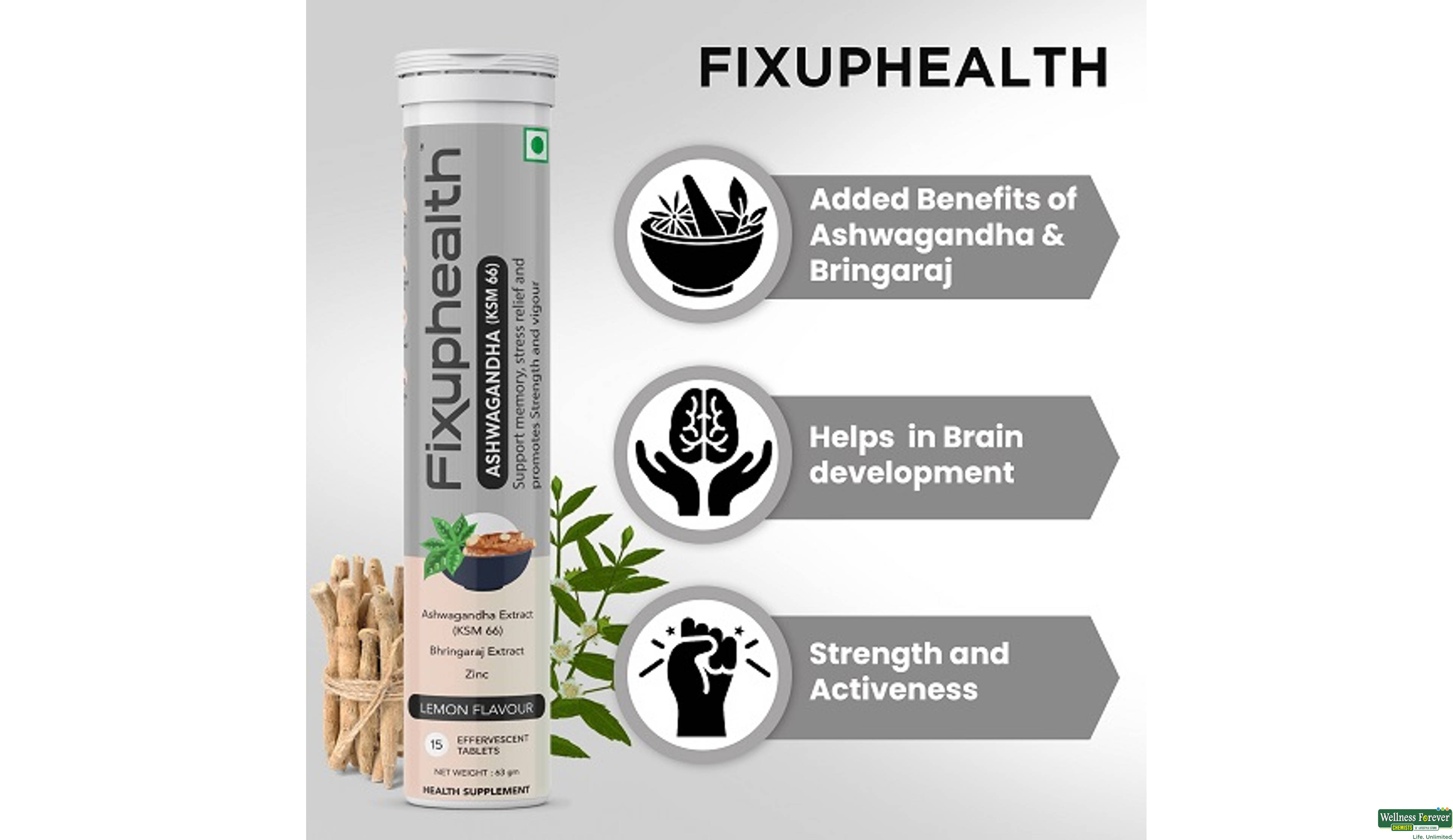 FIXUPHEALTH ASHWAGANDHA KSM66 15TAB- 5, 15TAB, null