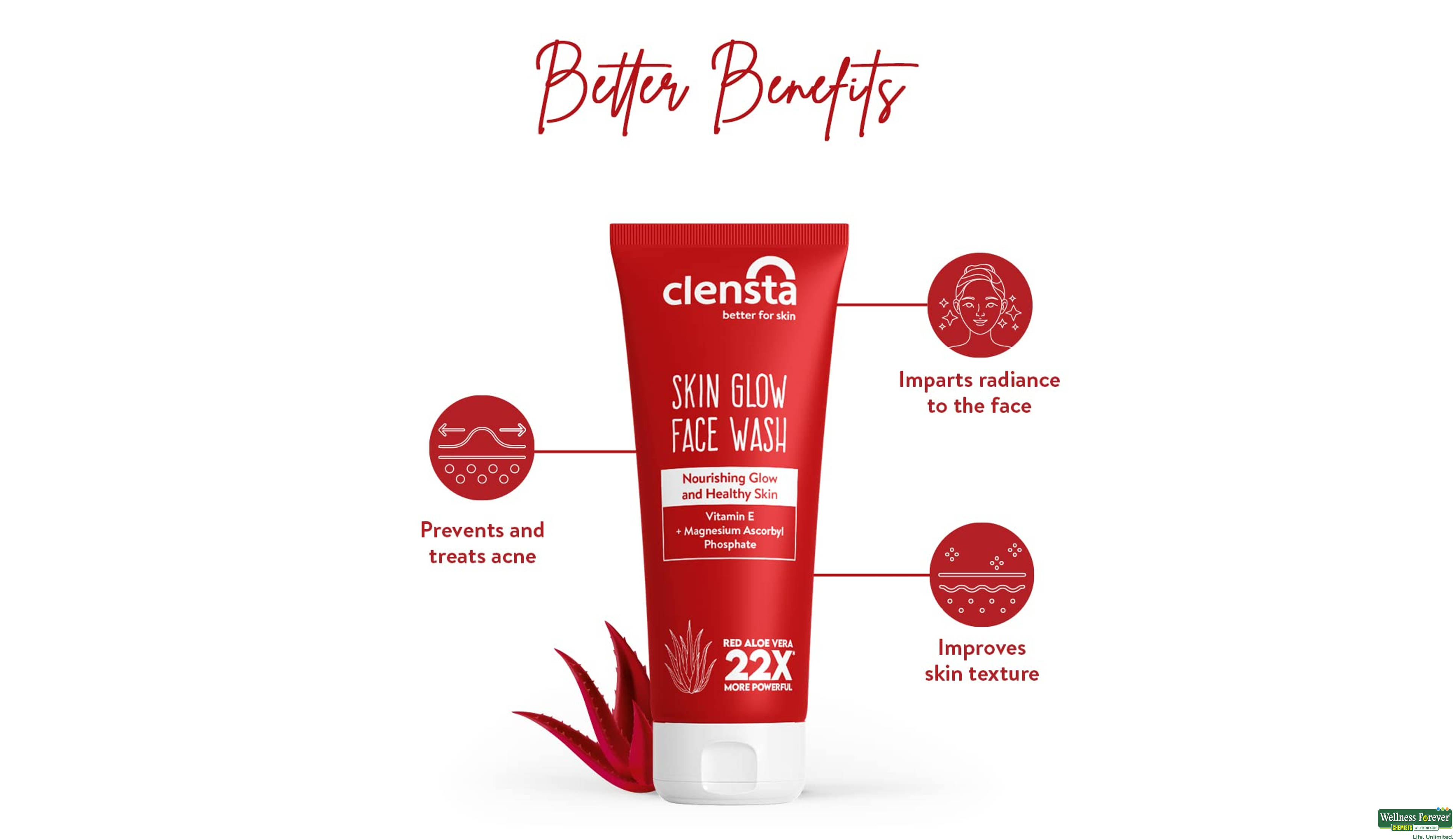 CLENSTA RED ALOEVERA SKIN GLOW F/WASH 100ML- 2, 100ML, null