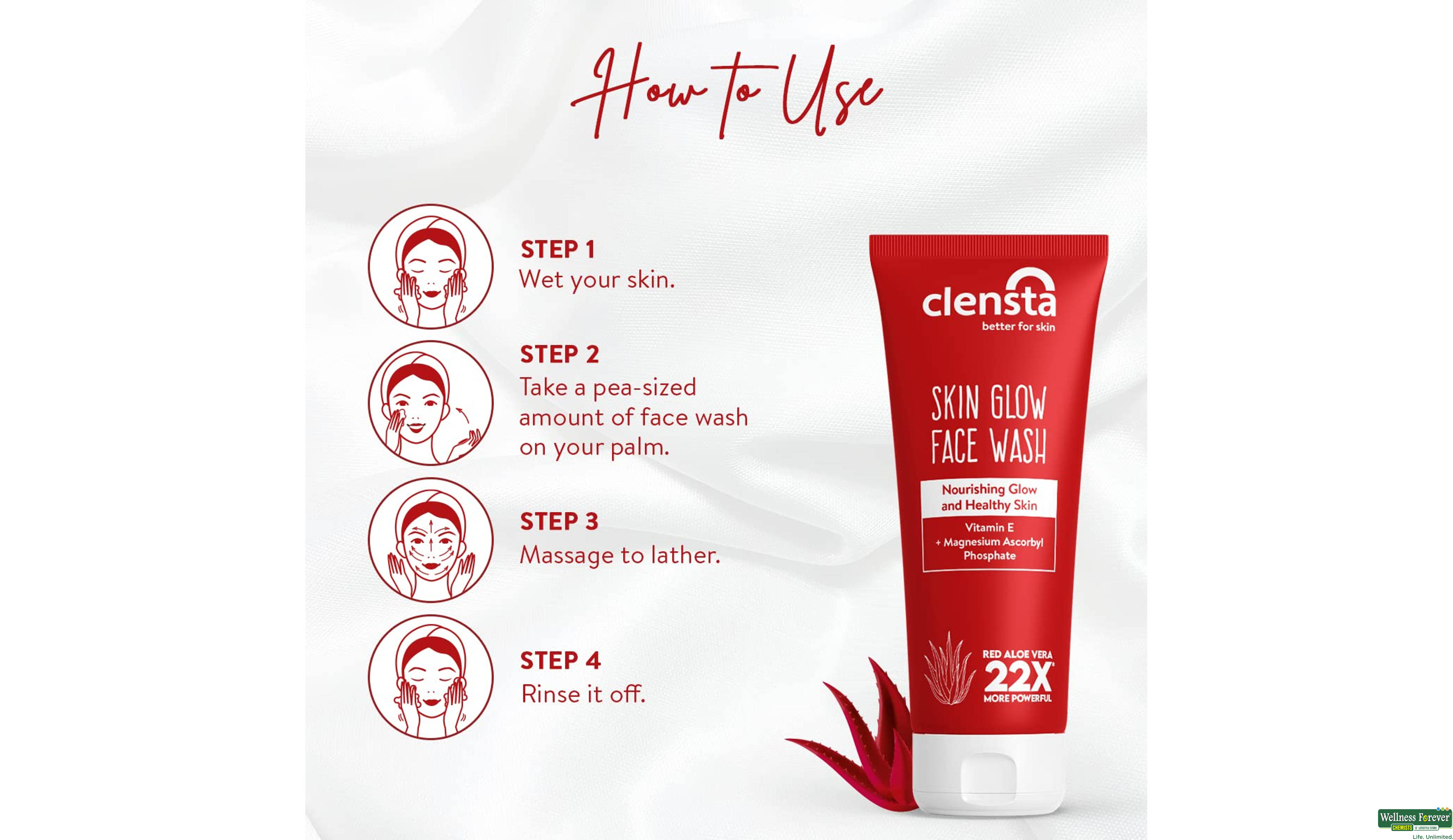 CLENSTA RED ALOEVERA SKIN GLOW F/WASH 100ML- 4, 100ML, null