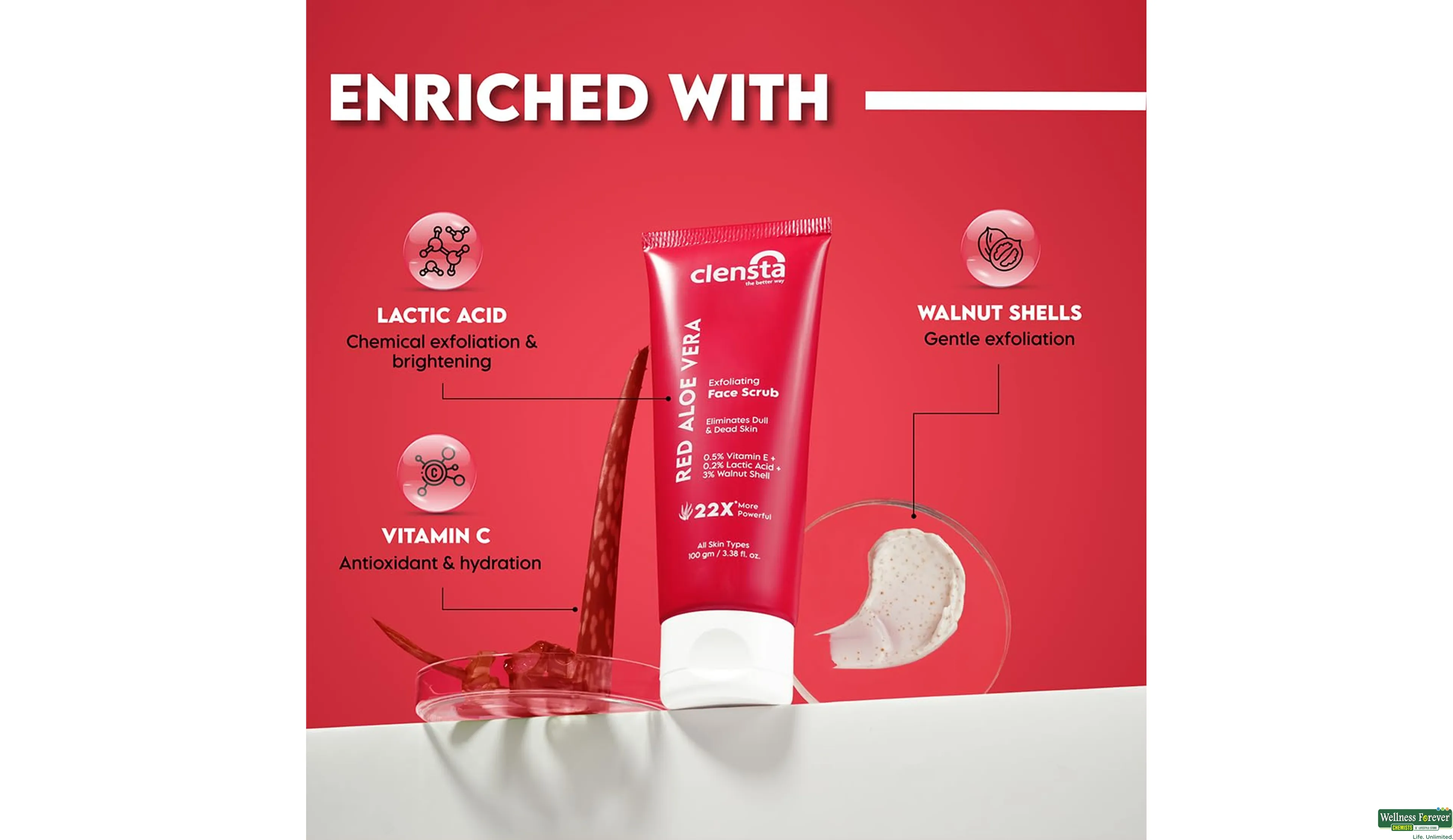 Buy Clensta Red Aloevera Exfoliating Face Scrub With 3 Walnut Shell
