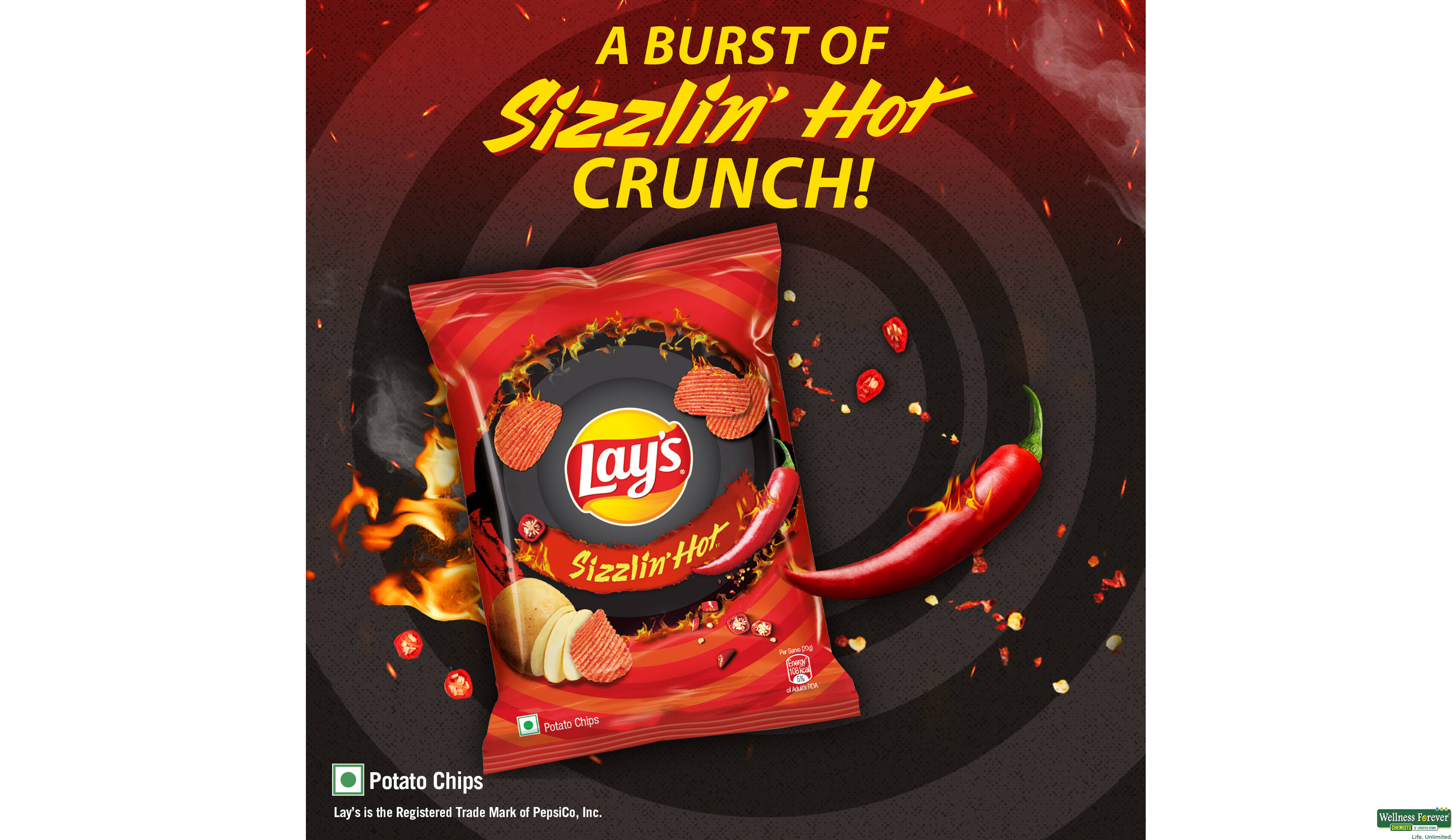 LAYS SIZZLING HOT WAVY CHIPS 40G- 3, 40GM, null