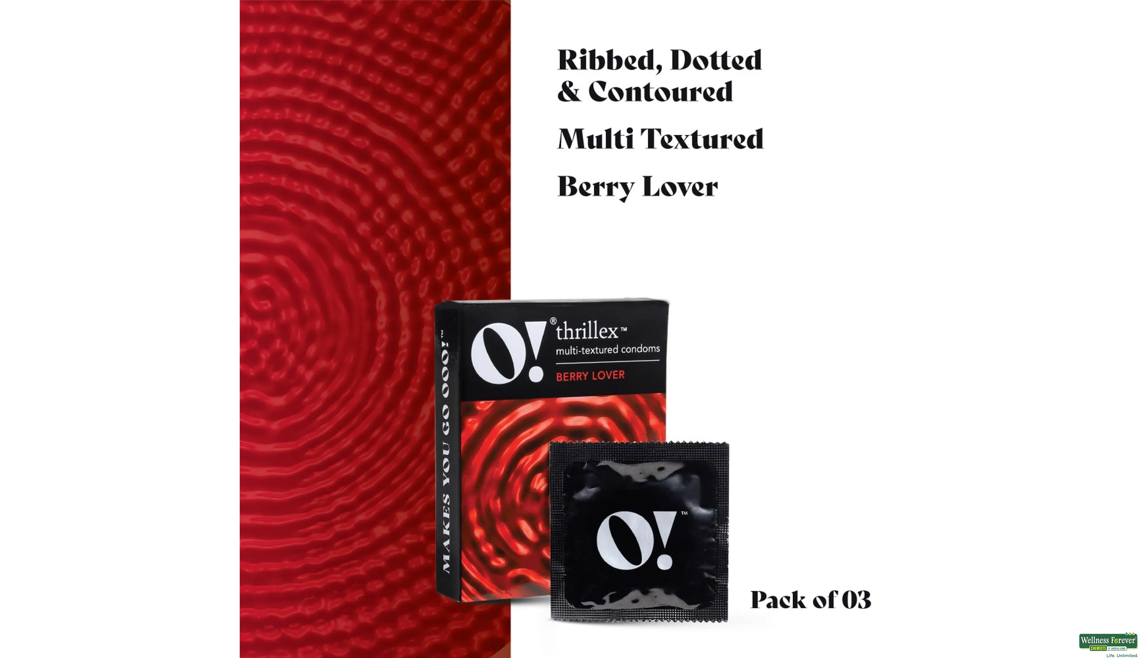 O! THRILLEX MULTI TEXTURED CONDOMS BERRY LOVER 3PC- 4, 3PC, null