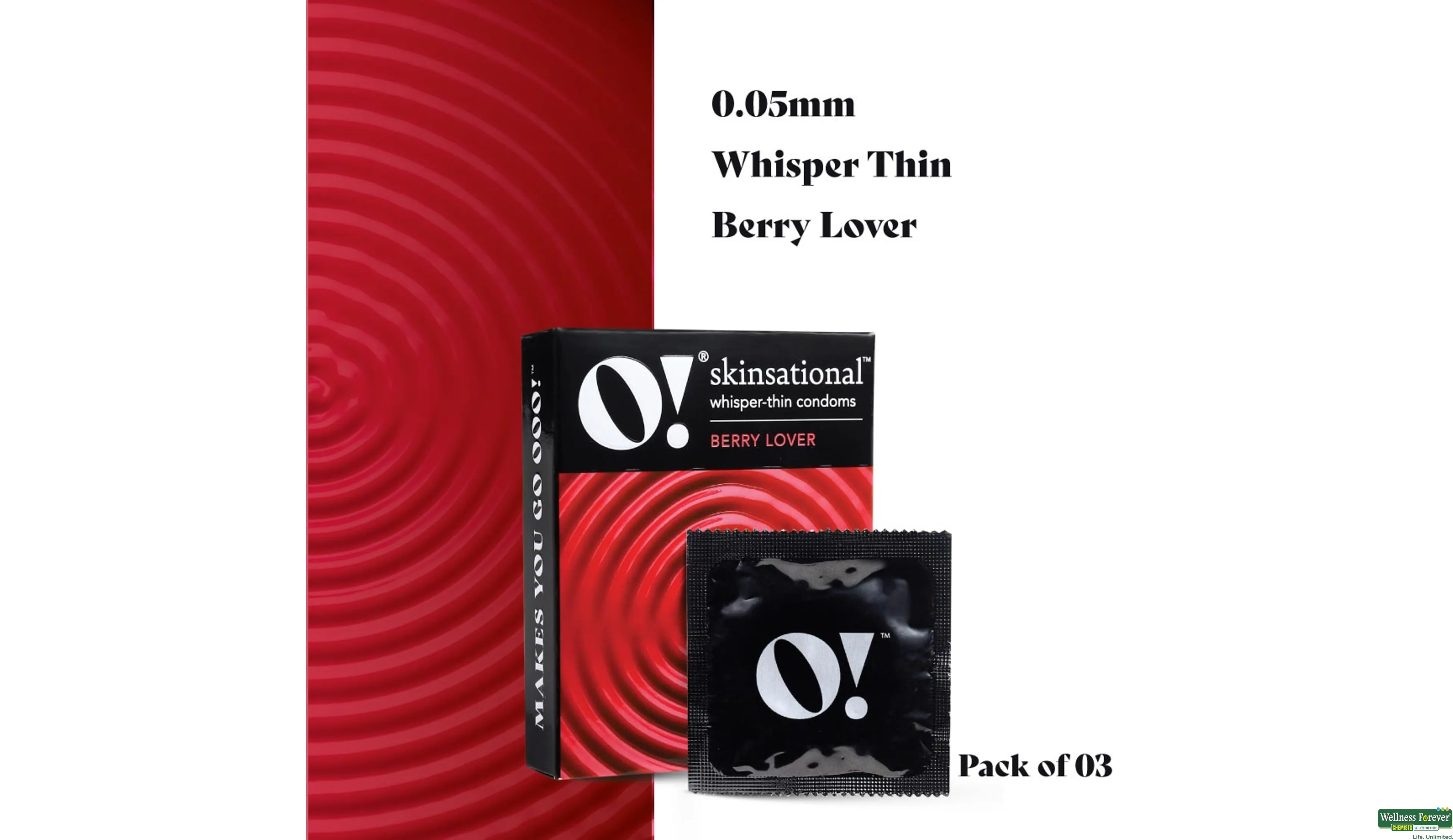 O! SKINSATIONAL WHISPER-THIN CONDOMS BERRY LOVER 3PC- 4, 3PC, null