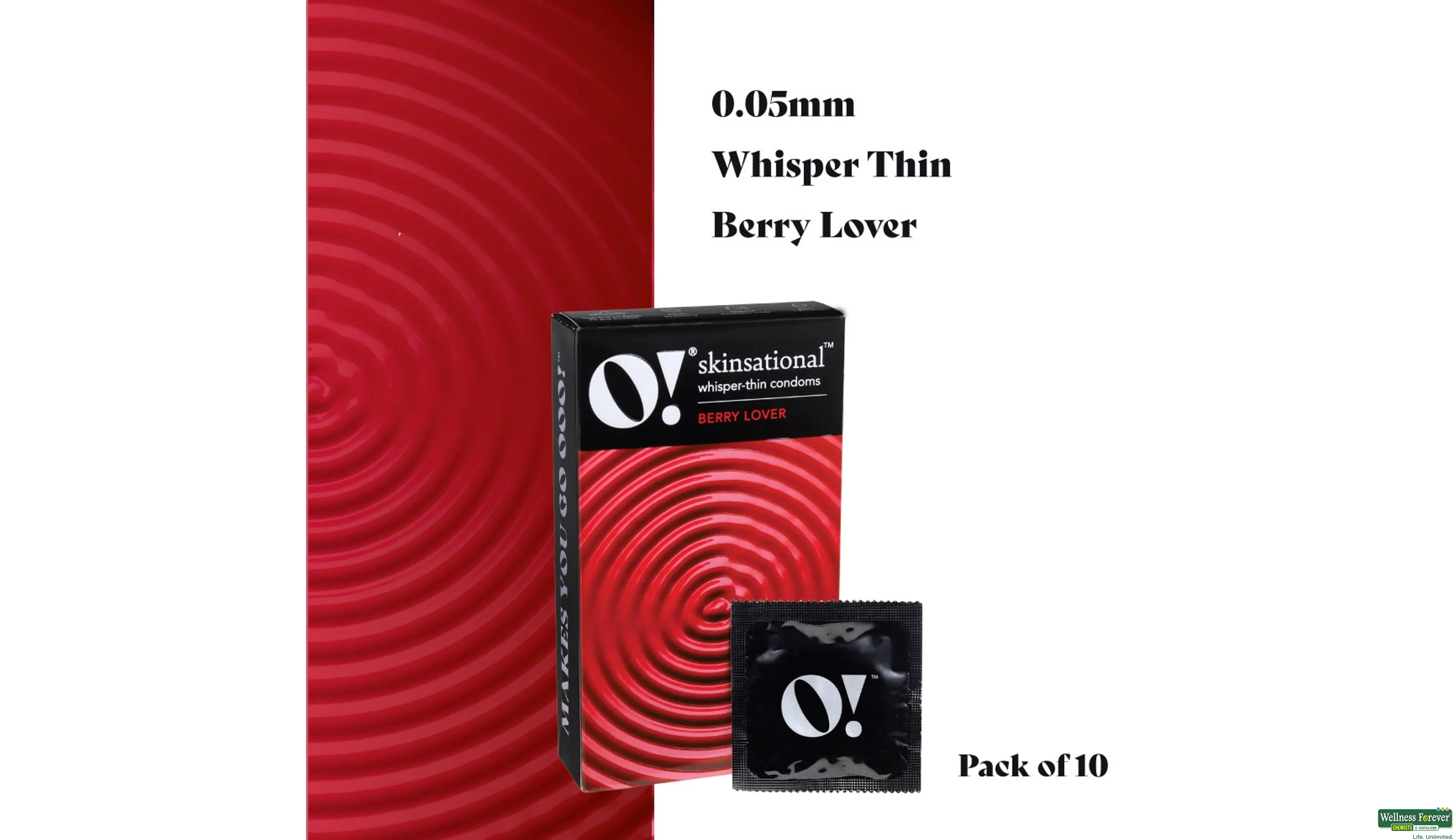 O! SKINSATIONAL WHISPER-THIN CONDOMS BERRY LOVER 10PC- 4, 10PC, null