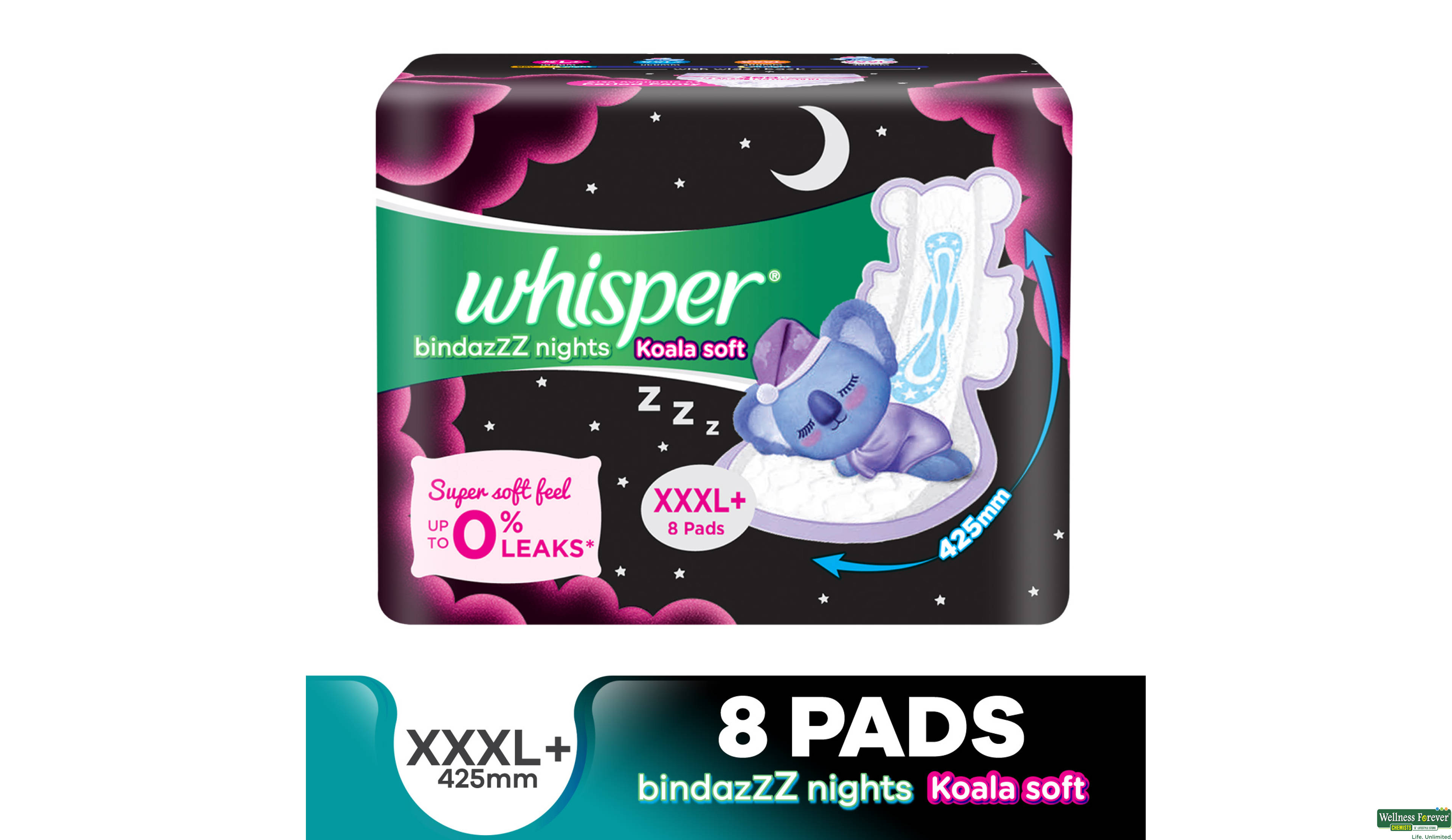 WHISPER SA/PAD BINDAZZ NIGHT XXXL+8PC- 1, 8PC, null