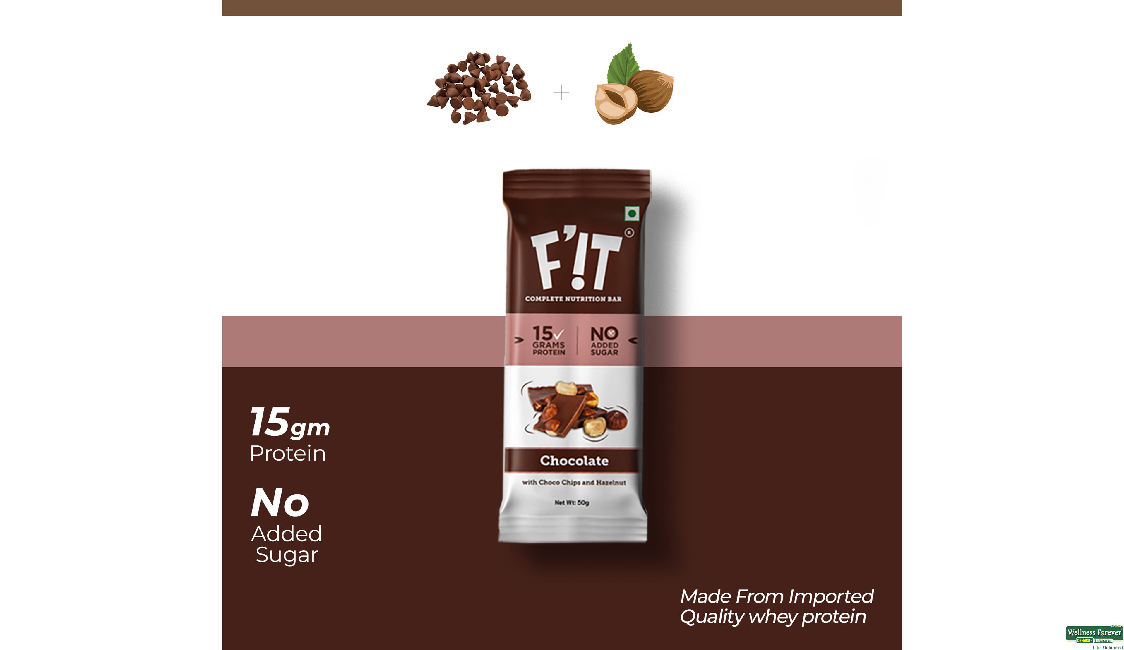 FIT WHEY PROTEIN BAR CHOCOLATE WITH HAZELNUT 50GM- 1, 50GM, null