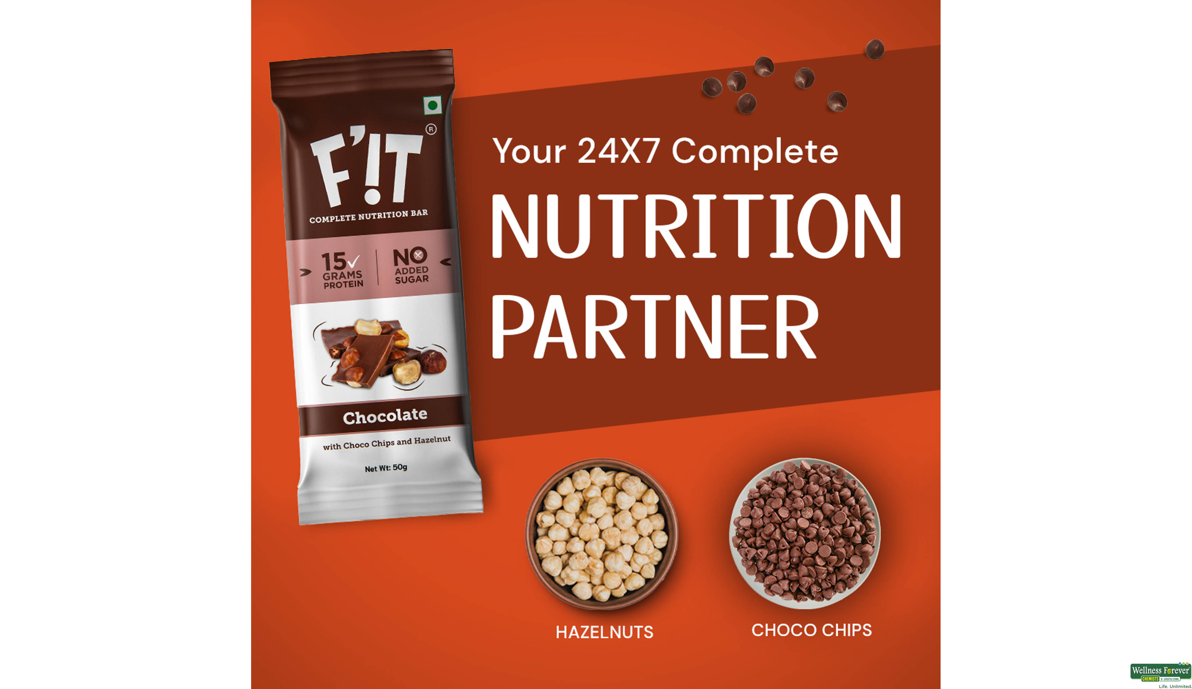 FIT WHEY PROTEIN BAR CHOCOLATE WITH HAZELNUT 50GM- 2, 50GM, null