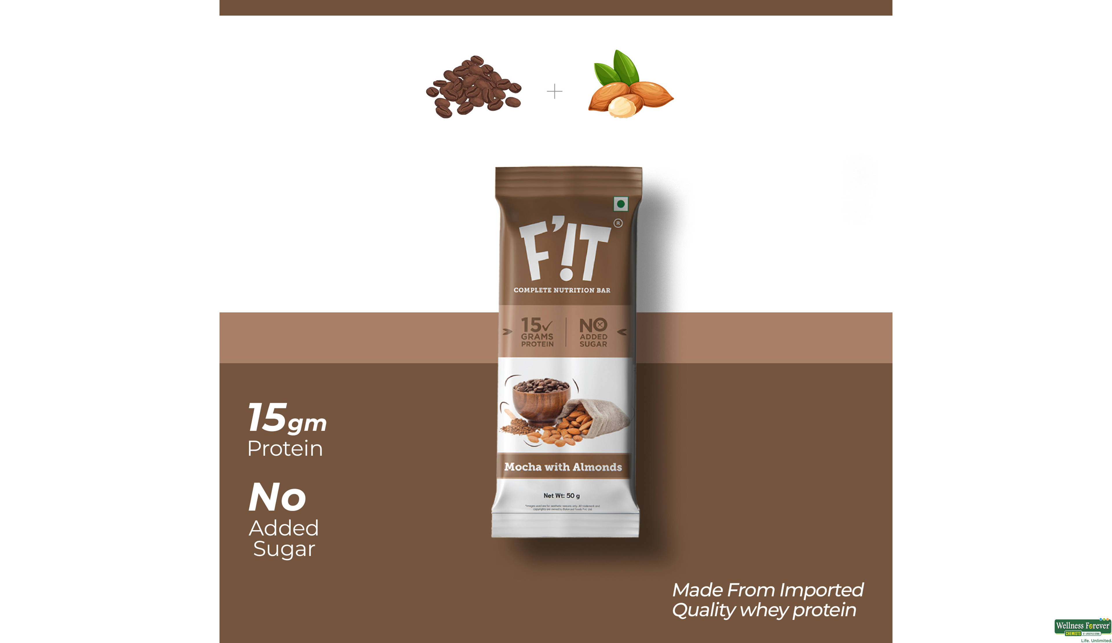 FIT WHEY PROTEIN BAR MOCHA WITH ALMOND 50GM- 1, 50GM, null