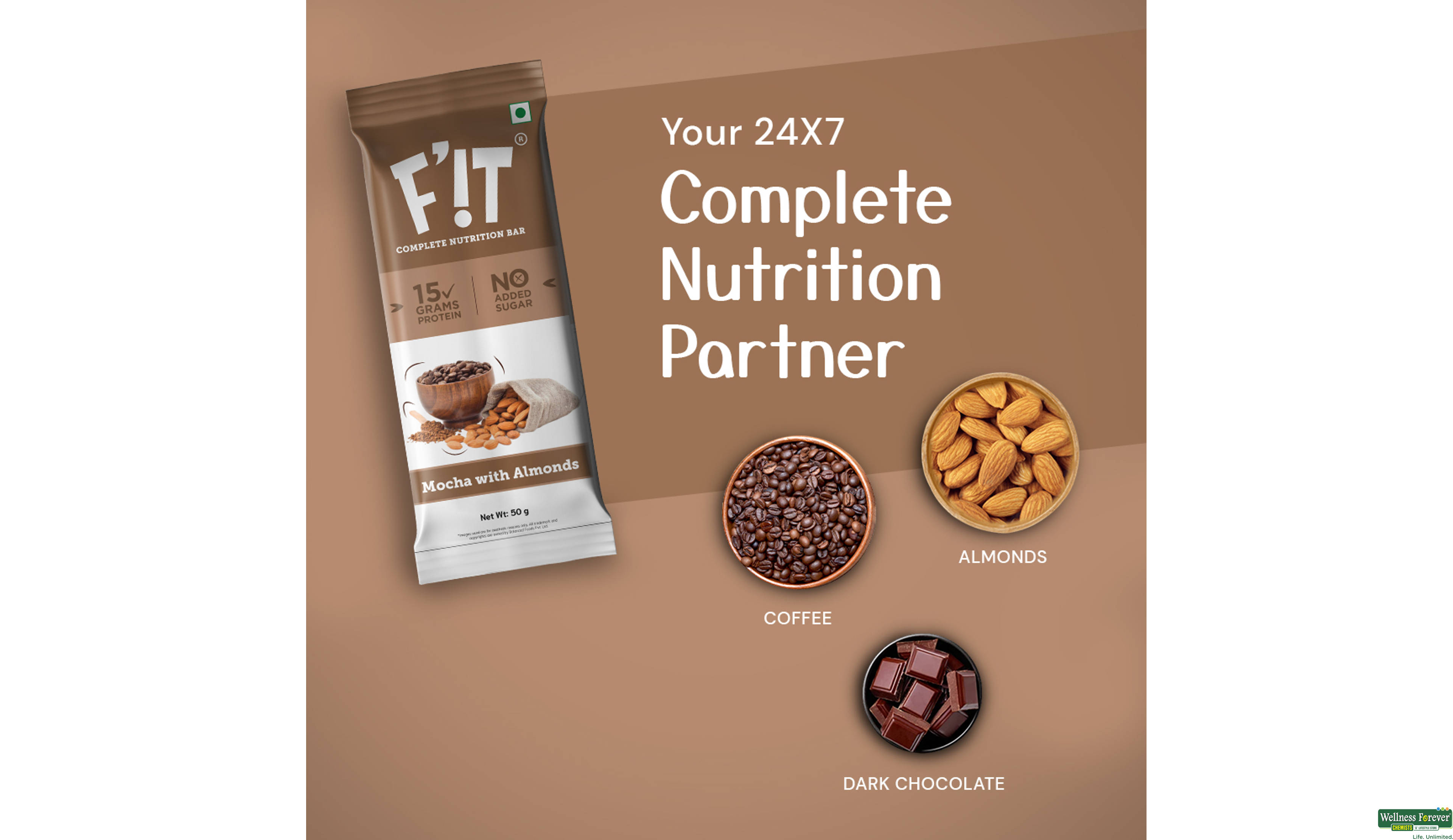 FIT WHEY PROTEIN BAR MOCHA WITH ALMOND 50GM- 2, 50GM, null