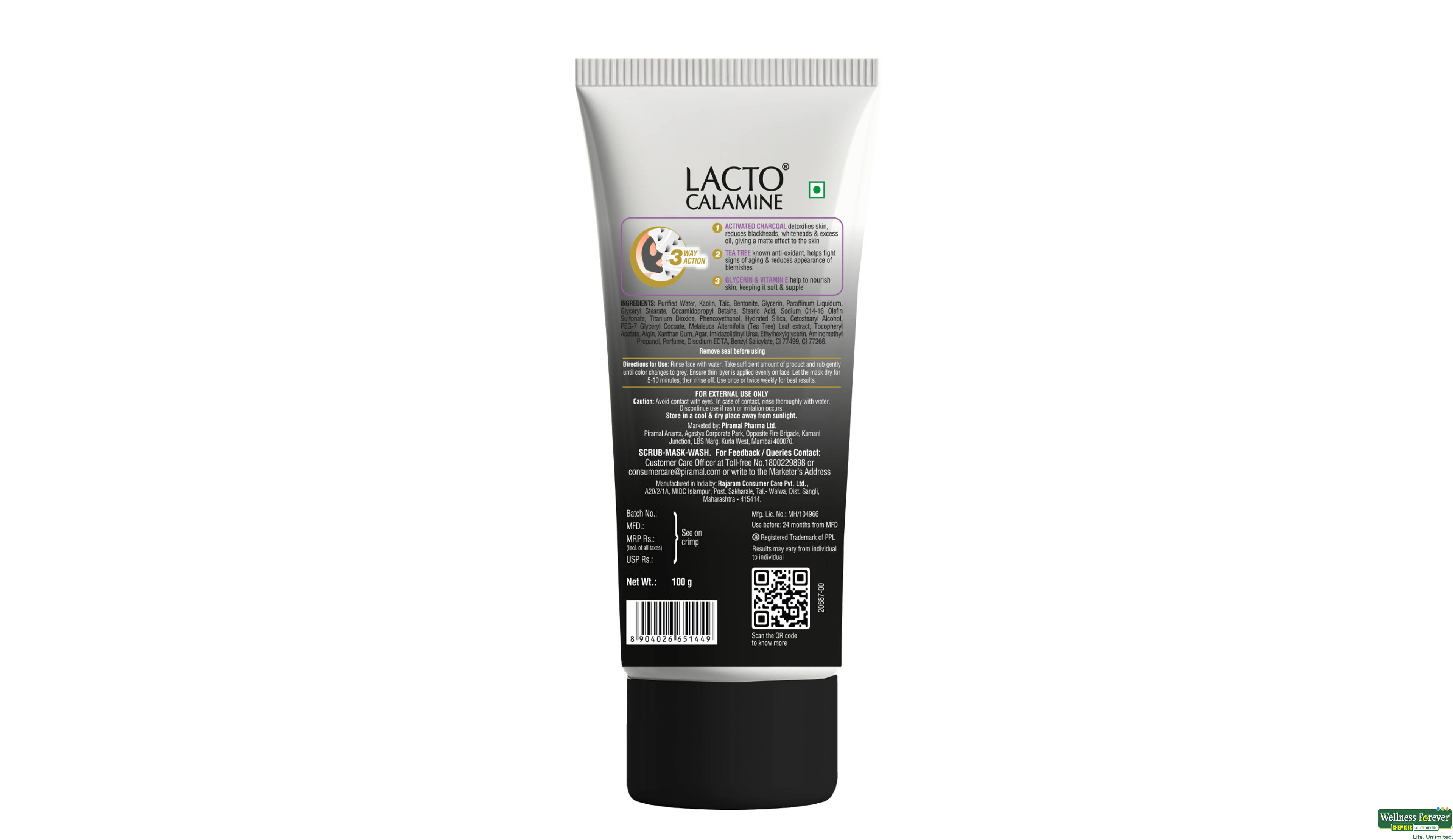 LACTO CALAMINE 3 IN 1 CHARCOAL MASK 100ML- 2, 100ML, null